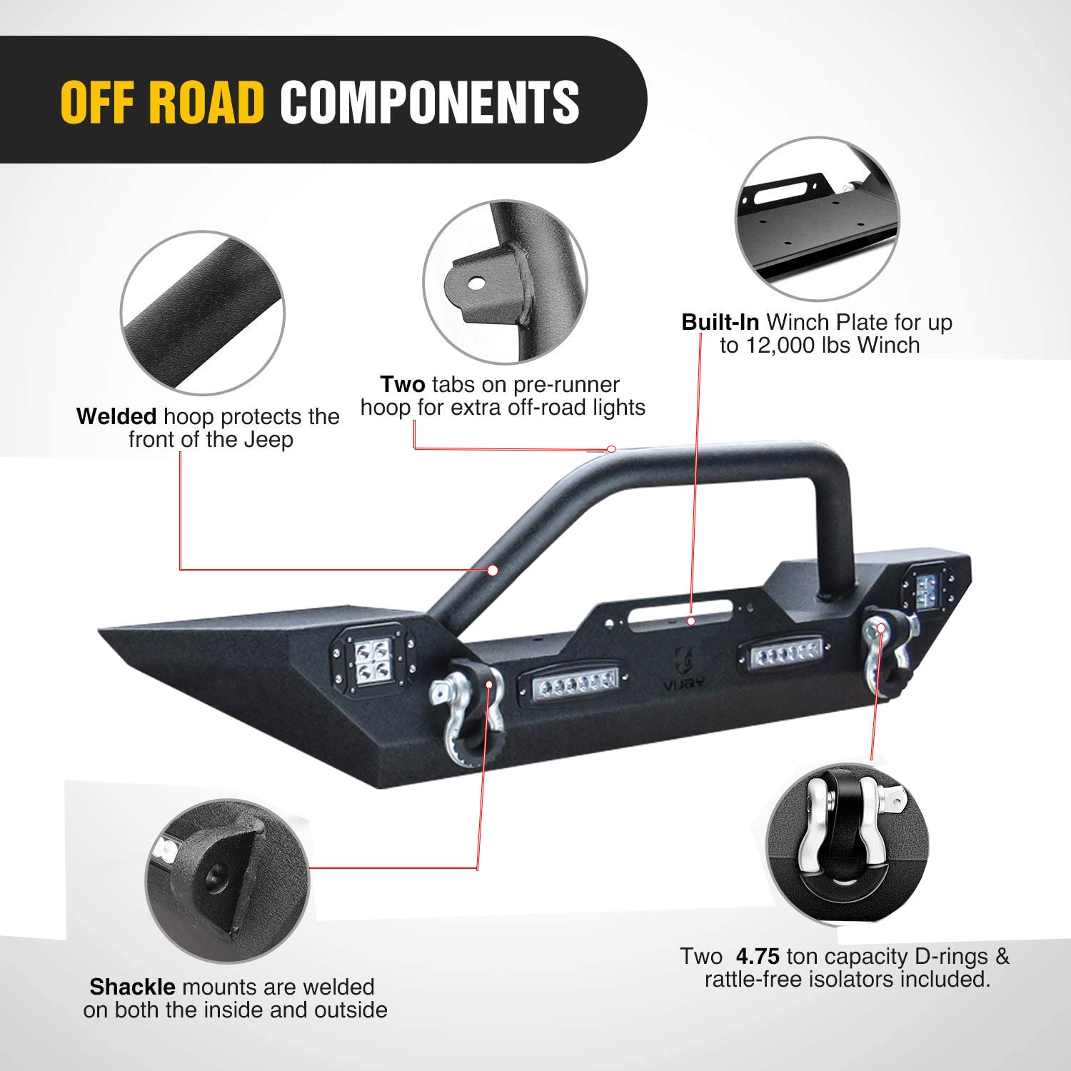 TlOYAR Black Textured Front Bumper with Winch Plate, 4 Aluminum Lights & D-Rings | Compatible with 2007-2025 Jeep Wrangler JK/JKU/JL/JLU & 2020-2025 Gladiator JT | Off-Road Adventure & Truck Protection