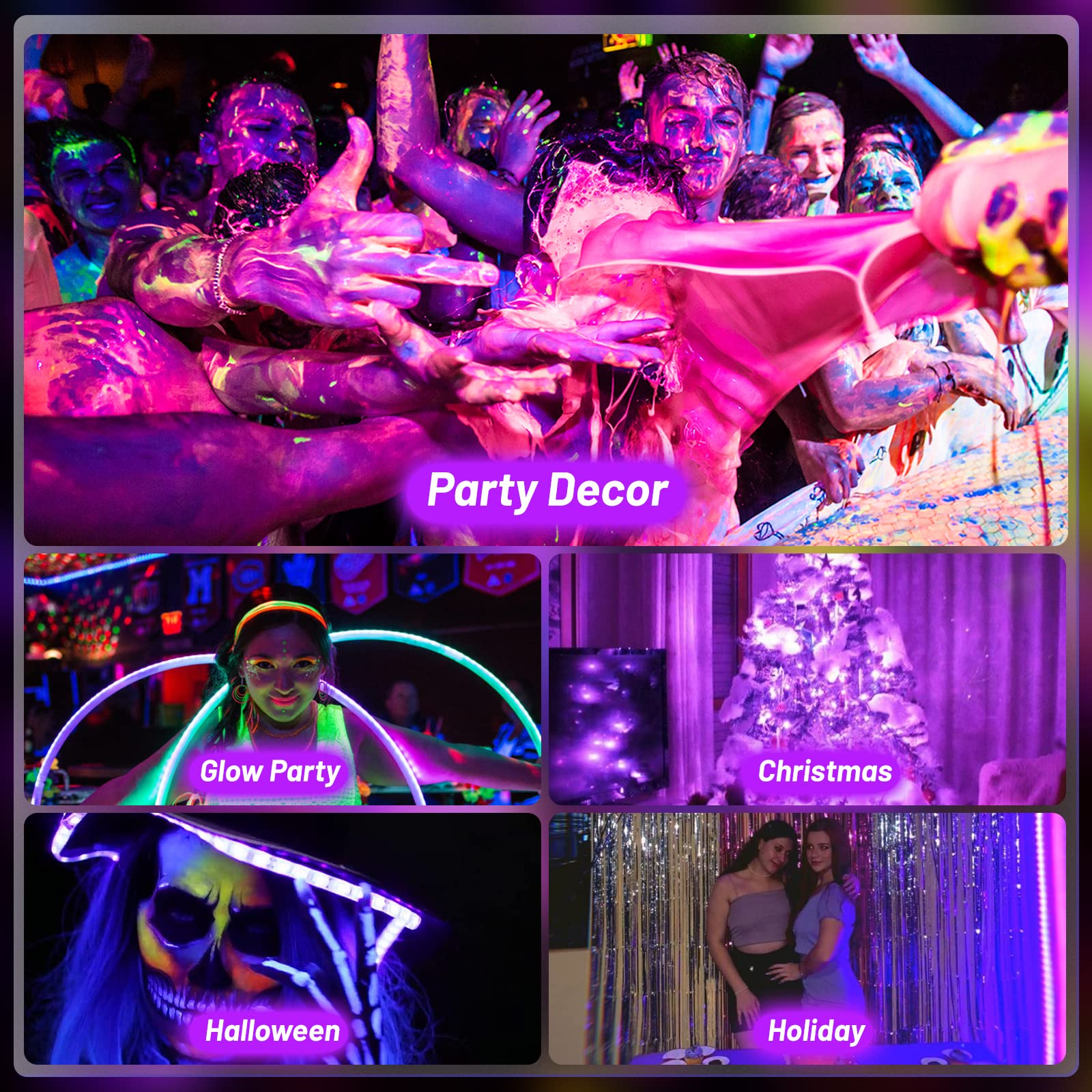 16.4Ft Black LED Light Strip - USB & Battery Powered, Adhesive Backing for Halloween Glow, Neon Party Decor, UV Reactive Paint & Vaseline Glass Display - Perfect for Cabinets, Doll Cases & Fluorescent Art (Non-Waterproof)