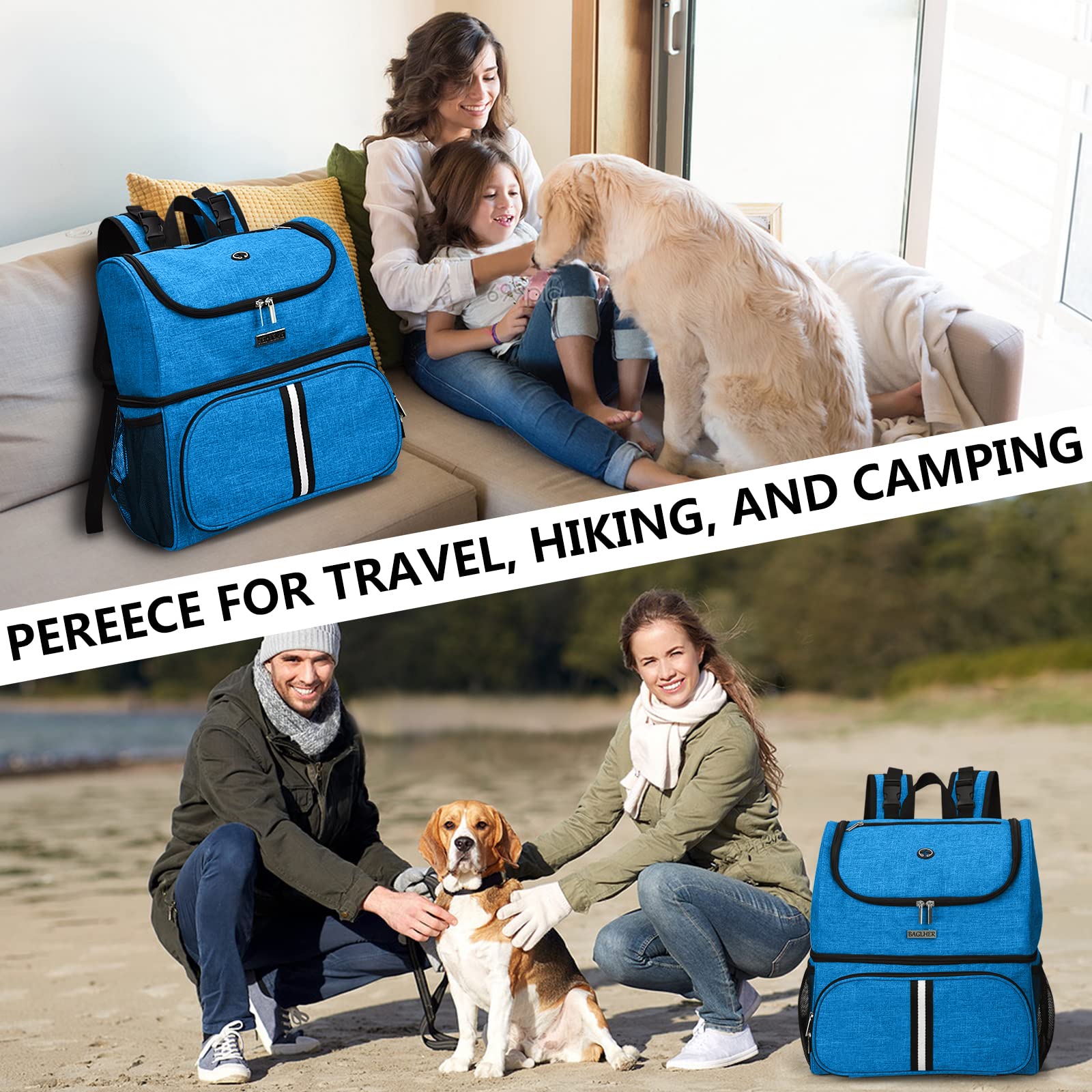 BAGLHER Pet Travel Backpack with Bowls & Food Baskets - Blue for Dog & Cat Outings