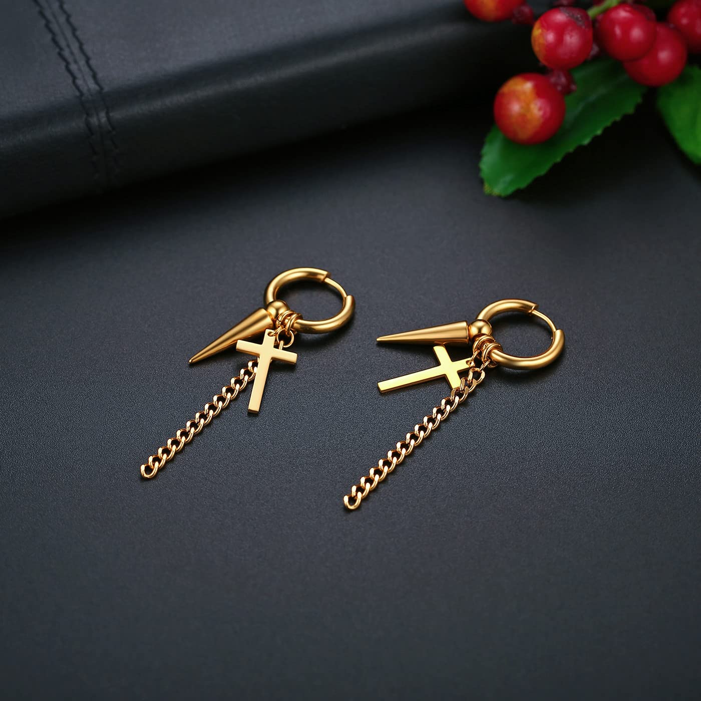 Stainless Steel Cross & Spike Dangle Earrings for Men & Women - Long Chain Hinged Hoop Earrings for Valentine's Day Gifts - Gothic Punk Jewelry for Parties, Concerts & Everyday Wear