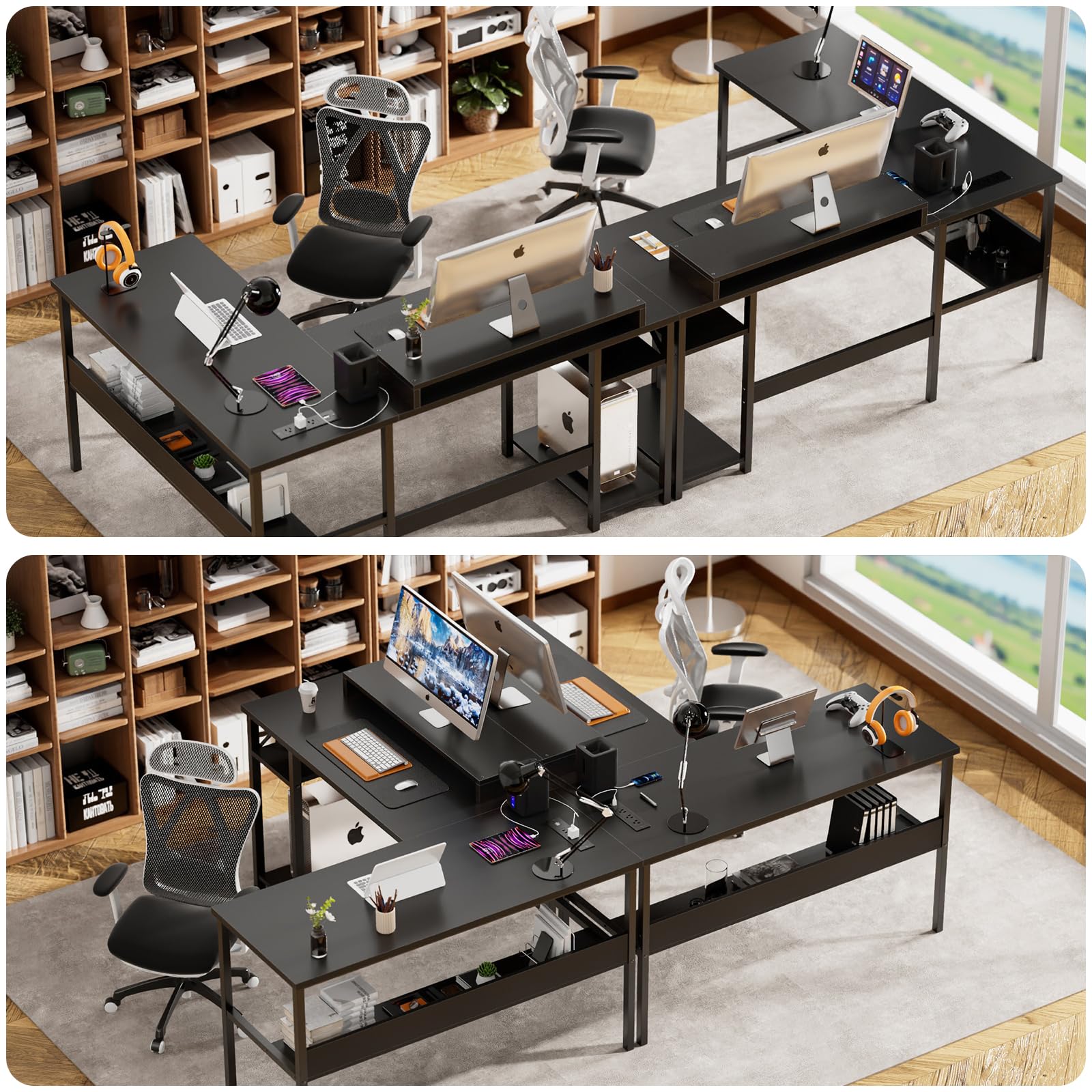 Reversible L-Shaped Desk with USB Power Outlets & LED Light - Sturdy Corner Computer Desk with Monitor Stand & Storage Shelves - Gaming & Home Office Desk - Easy Assembly - Black - Perfect for Small Spaces & Multi-Monitor Setups