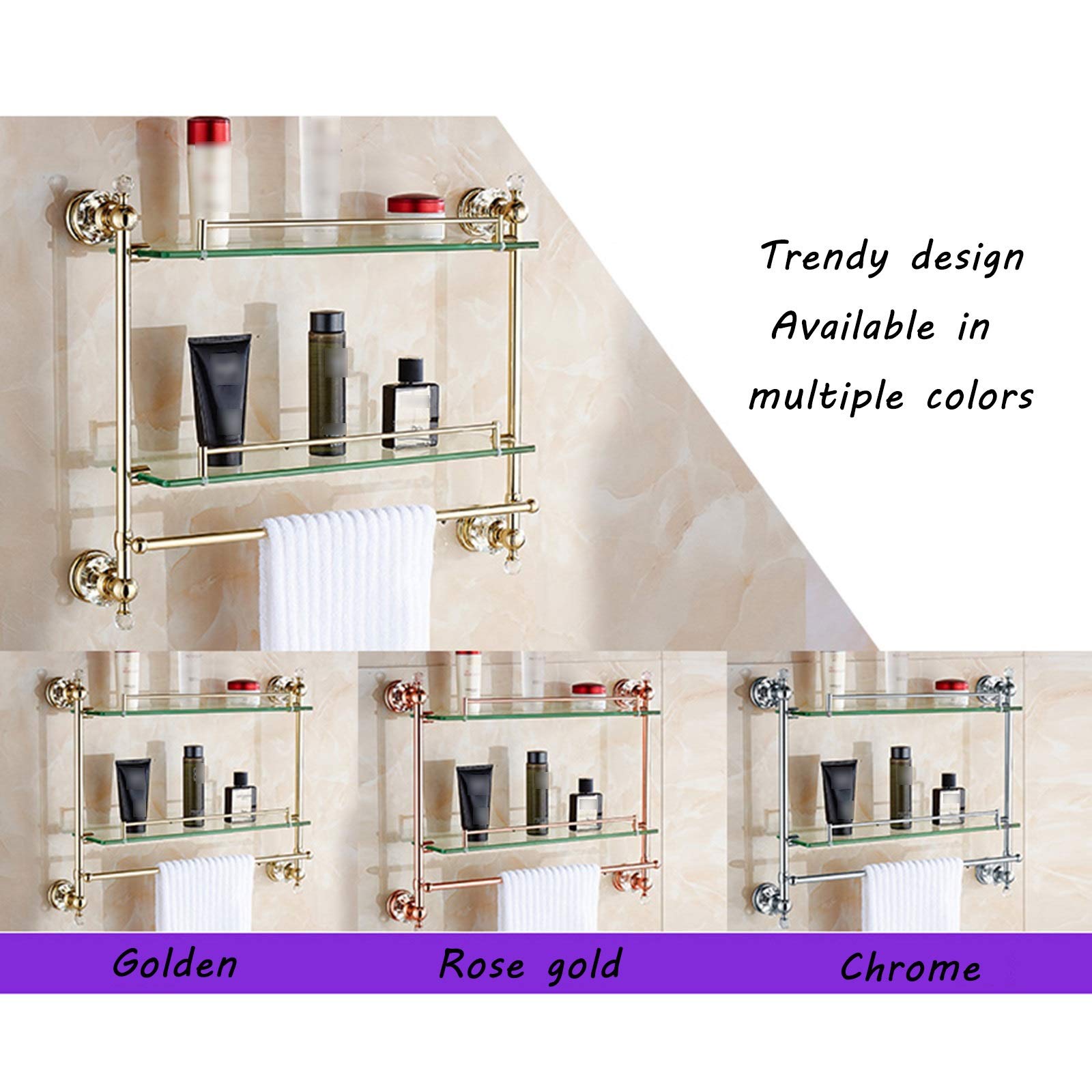 XXIOJUN 57x12cm Gold Tempered Glass Bathroom Shelf - Wall Mounted with Towel Bar, 10kg Load Capacity - Perfect for Shower, Vanity & Bathroom Organization (3 Colors Available)