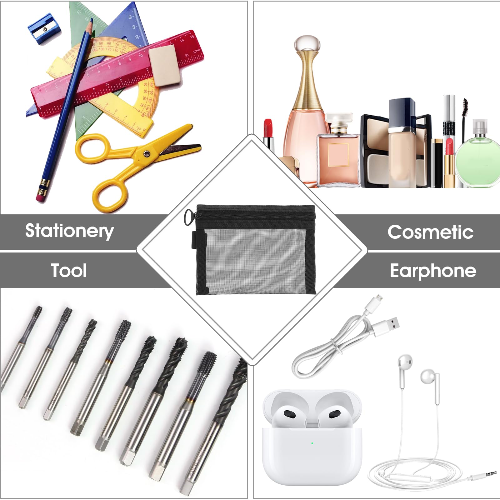 4 Pcs Nylon Cosmetic Bags with Zipper - Small Keychain Pouch, Portable Travel Makeup Organizer for Lipstick, Black Mesh Cosmetic Bags for Women | Perfect for Travel, Gym & Daily Essentials Storage