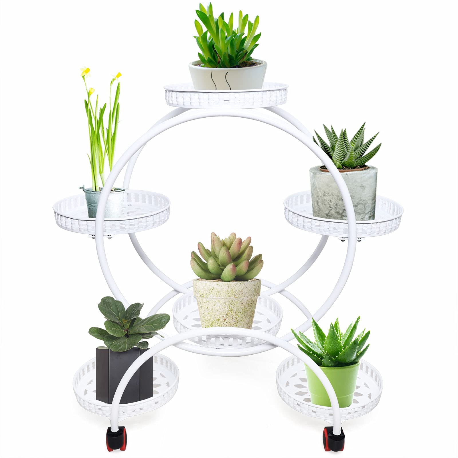 White Metal Plant Stand with Wheels for 6 Pots - Steel Frame Indoor Plant Shelf & Planter Display Unit for Multiple Plants - Perfect for Home Decor, Living Room, Balcony & Garden Plant Organization