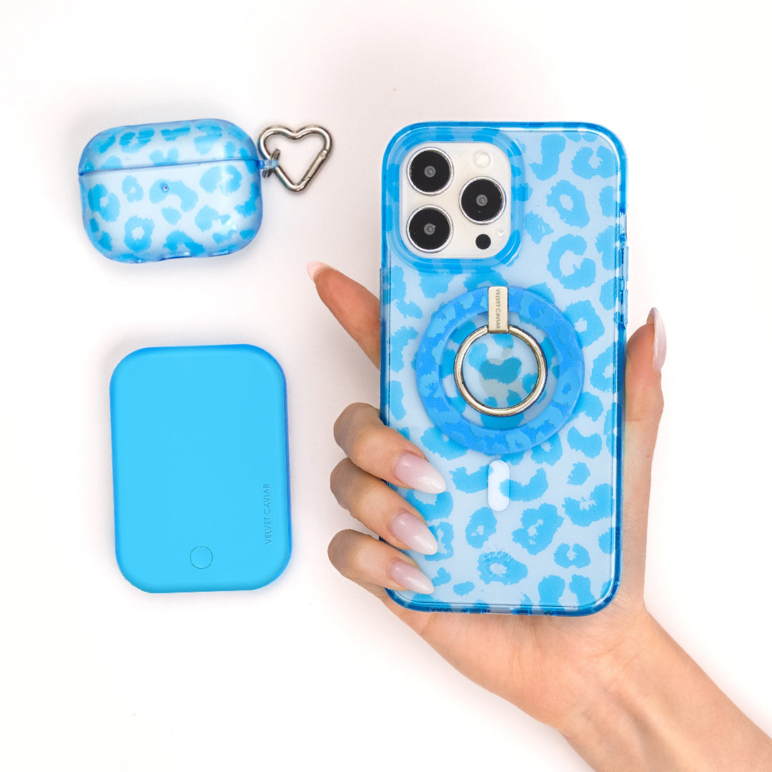Aqua Blue Leopard Print MagSafe Grip Ring Holder - Compatible with iPhone 14/13/12 Series - Perfect for One-Hand Use, Selfies, and Secure Phone Grip