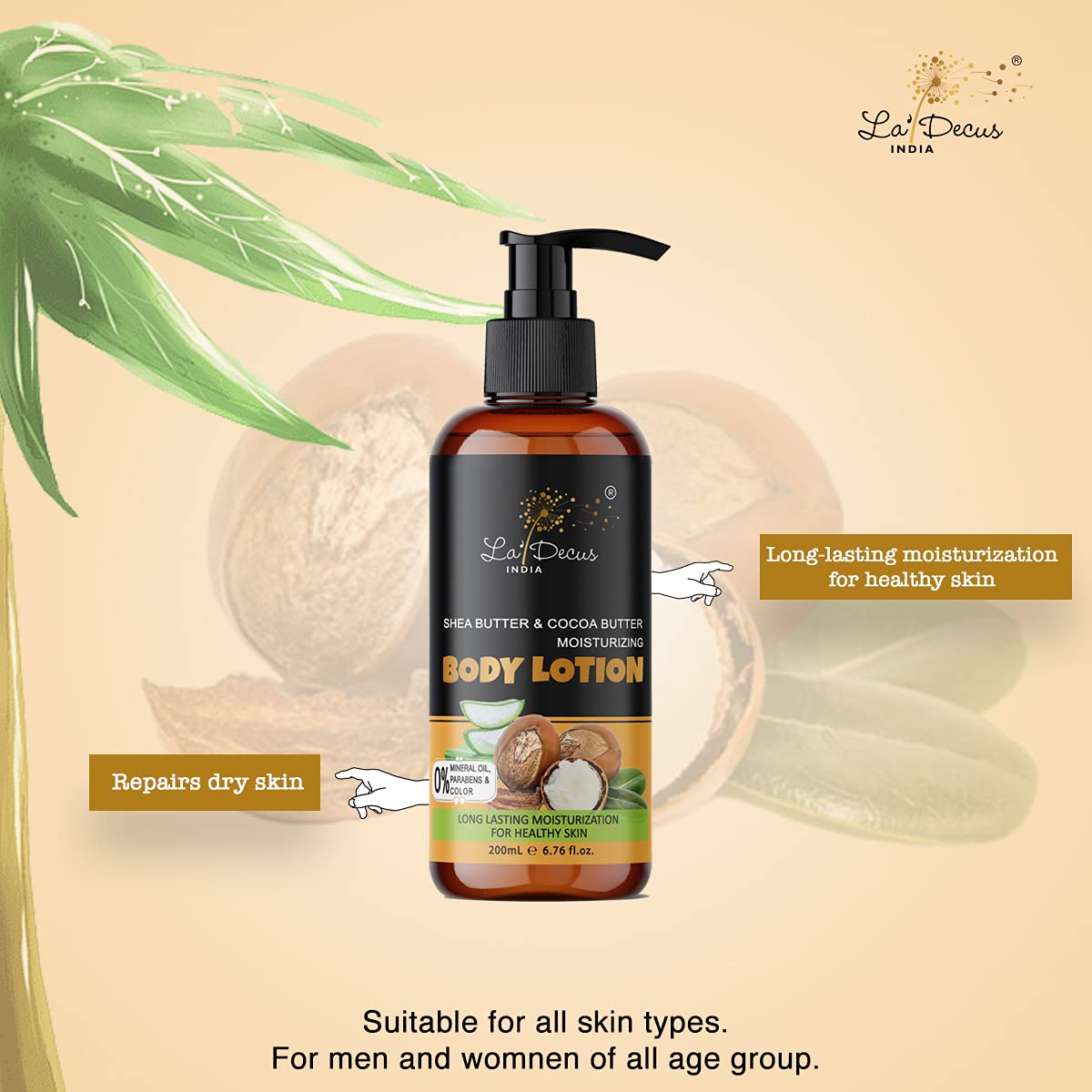 La' Decus INDIA Moisturizing Body Lotion with Shea Butter & Cocoa Butter - Deep Hydration for Dry Skin | Paraben-Free, Silicone-Free, Mineral Oil-Free | 200ml | Perfect for Daily Skincare & After-Shower Moisturizing