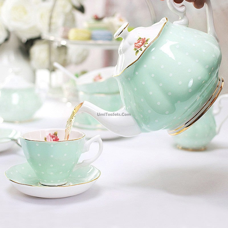 Elegant Light Green Dotted Bone China Tea Set - 16-Piece Porcelain Tea Service for Afternoon Tea, Bridal Shower & Home Decor