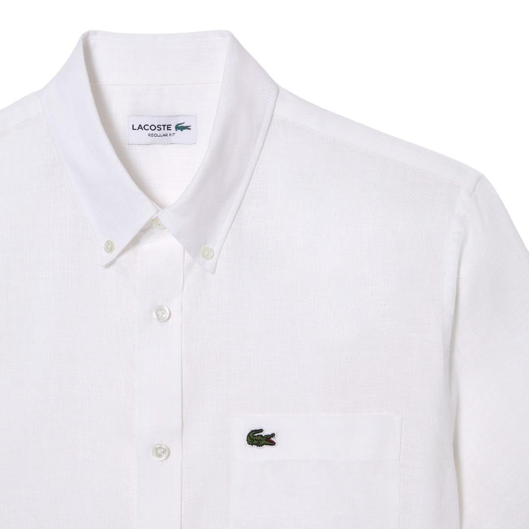 Lacoste Men's Short Sleeve Linen Button Down Shirt - Classic Regular Fit with Front Pocket | Casual Summer Wear & Office Style