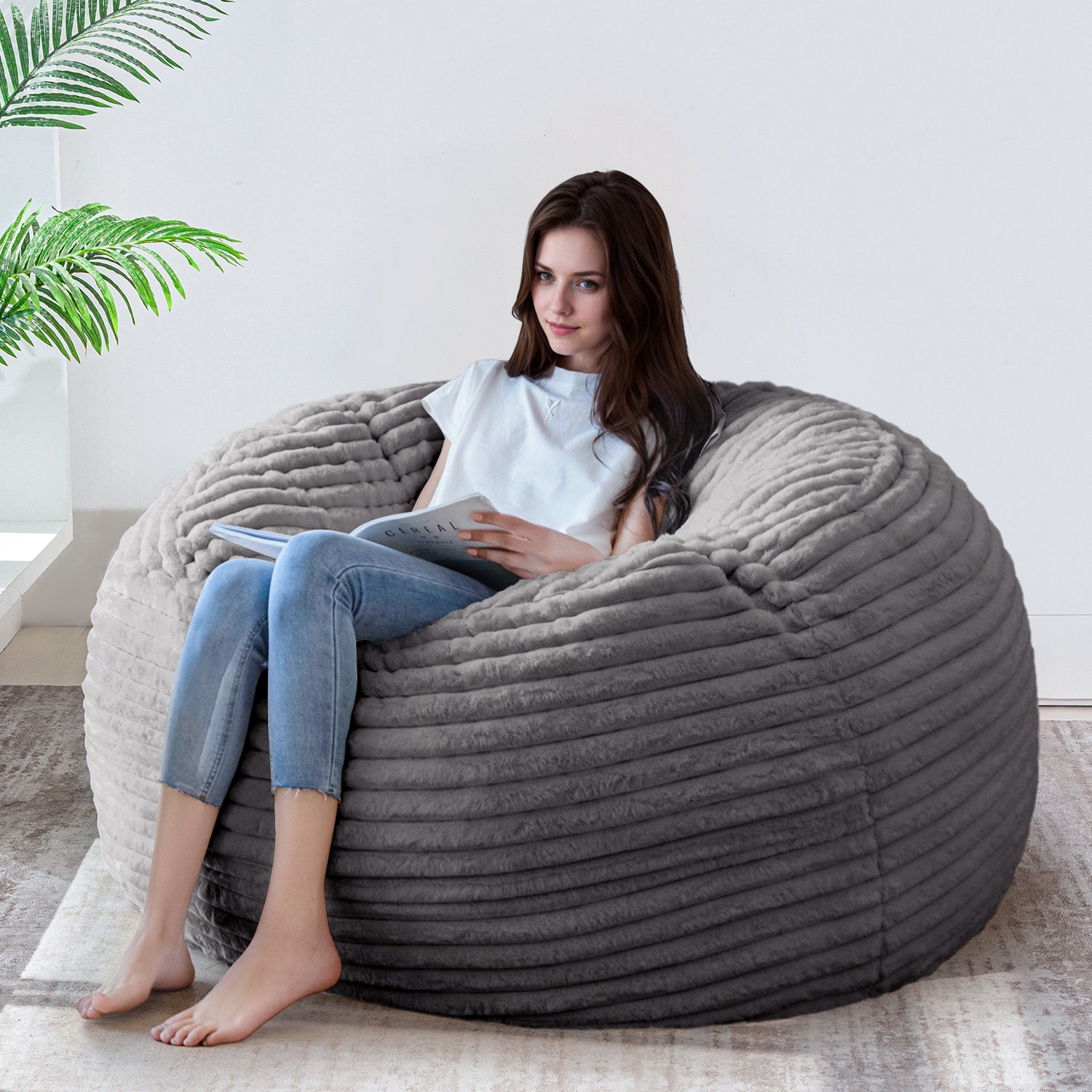 MAXYOYO Giant Bean Bag Chair Bed - Extra Large Striped Faux Fur Beanbag for Adults & Teens, Grey - Perfect for Living Room, Bedroom, Game Room & Dorm Relaxation
