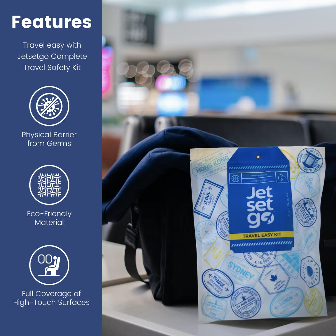 Jetsetgo Travel Safety Kit - 2 Full Sets Airplane Seat Covers, Armrest & Tray Table Protectors with Storage Pockets + 4 Sanitizing Wipes | Airplane Hygiene Essentials for Family Travel, Business Trips & Flight Protection