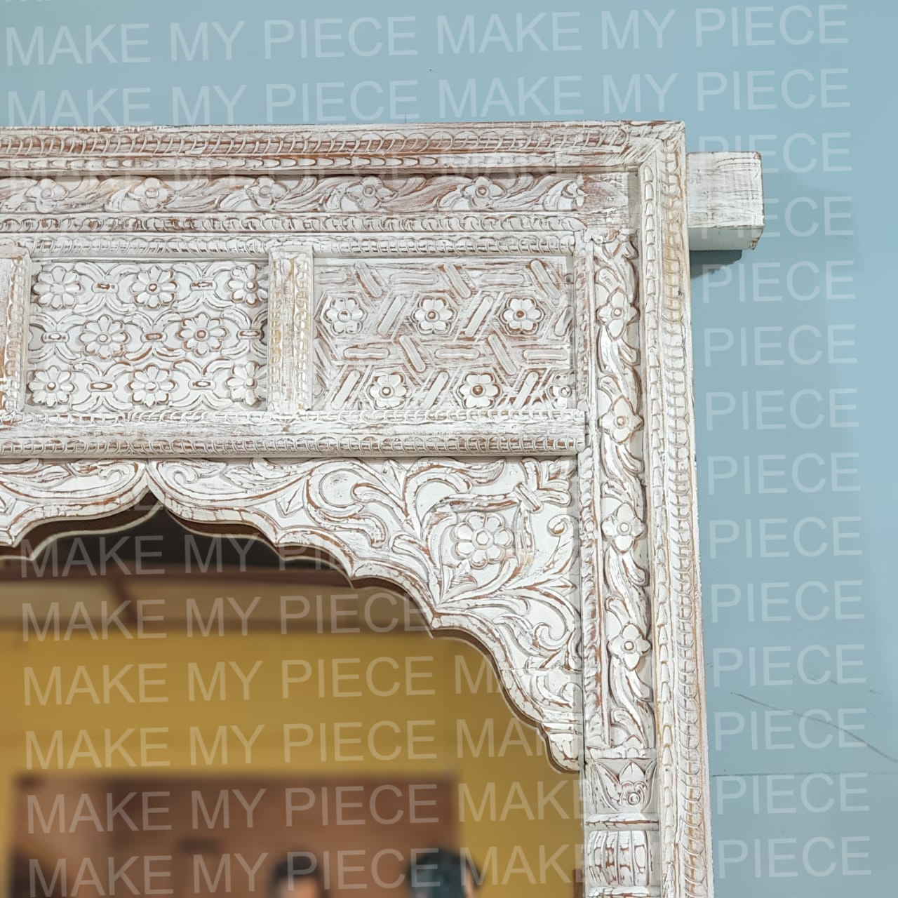 Hand Carved Indian Arch Mirror Frame with Bleach Finish - Deborah - Elegant Home Decor for Living Room, Bedroom, or Entryway