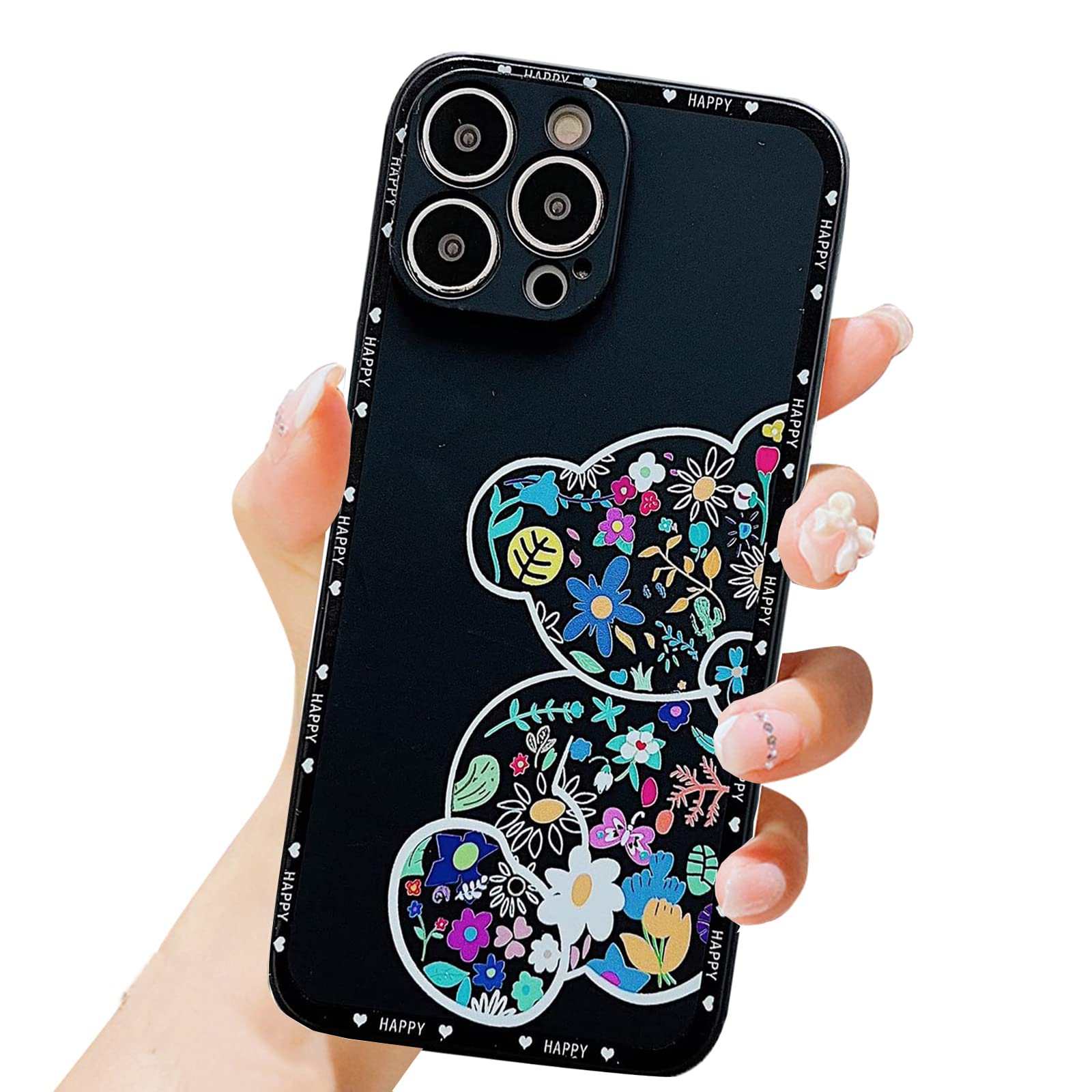 Premium Cute Black Flower Bear iPhone 13 Pro Max Case - Soft TPU Shockproof Protective Cover with Floral Design | Perfect for Everyday Use, Travel & Gift Giving