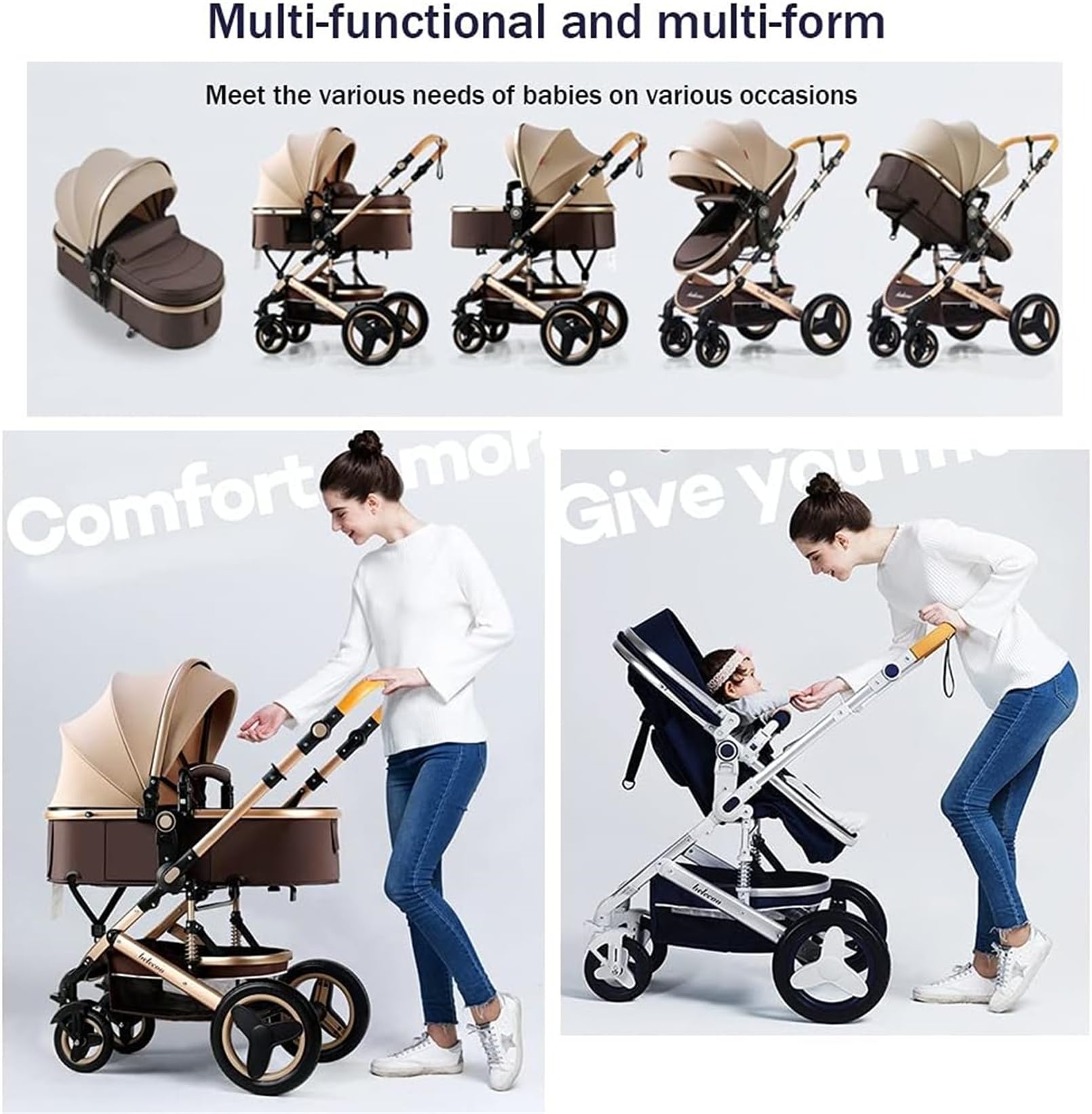 2 in 1 Baby Stroller - Foldable High Landscape Infant Stroller & Reversible Bassinet Pushchair with Adjustable Canopy (Khaki) | Perfect for Newborns, Travel, Shopping & Outdoor Walks