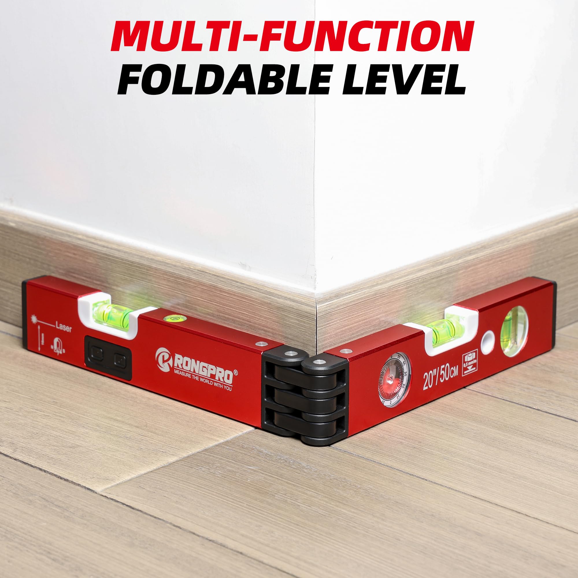 20-Inch Foldable Magnetic Level with 30Ft Laser Leveling Line & 90°/180° Bubbles - Multi-Function Leveler Tool for Woodworking, Picture Hanging, Home Renovation, Construction - Perfect for DIY Projects, Wall Mounting, and Professional Builders