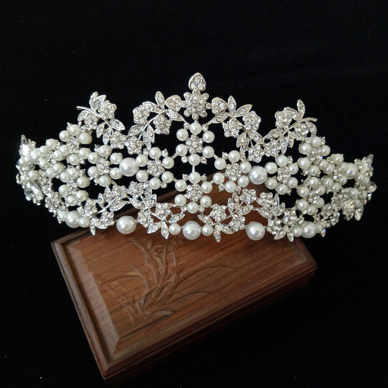 Bridal Pearl Tiara Crown - Silver Rhinestone Headpiece for Wedding