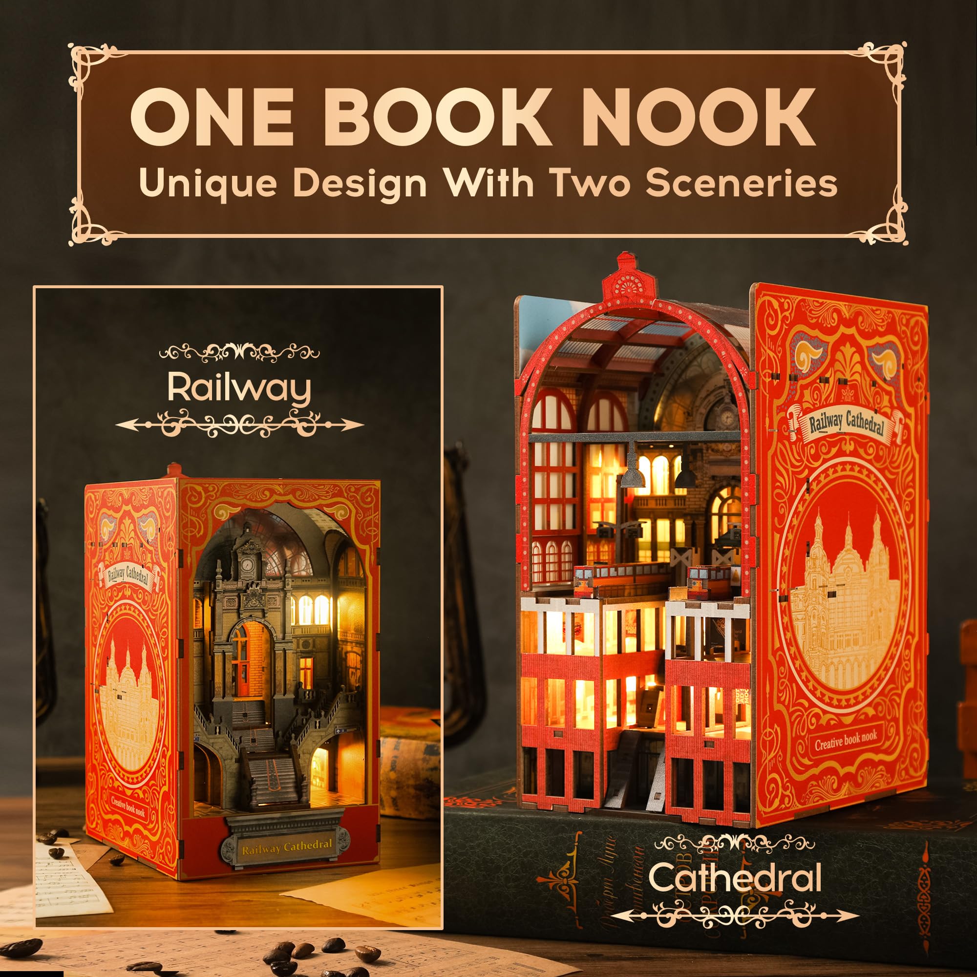 DIY Book Nook Kit for Adults - 3D Wooden Miniature Dollhouse Puzzle with LED Lights | Creative Bookend & Bookshelf Decor | Perfect Gift for Teens & Adults (Railway Cathedral Theme) | Great for Home Office, Reading Nooks & Book Lover Gifts