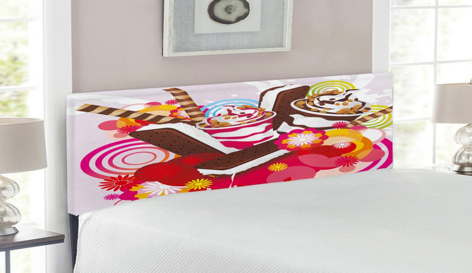 Ambesonne Ice Cream Themed Queen Size Headboard - Upholstered Decorative Metal Bed Headboard with Memory Foam, Mixed Yummy Desserts & Exotic Flowers Design, Tropical Summer Taste in Multicolor | Perfect for Bedroom Decor, Teen Girls Room, Ice Cream Lovers & Dessert-Themed Interiors
