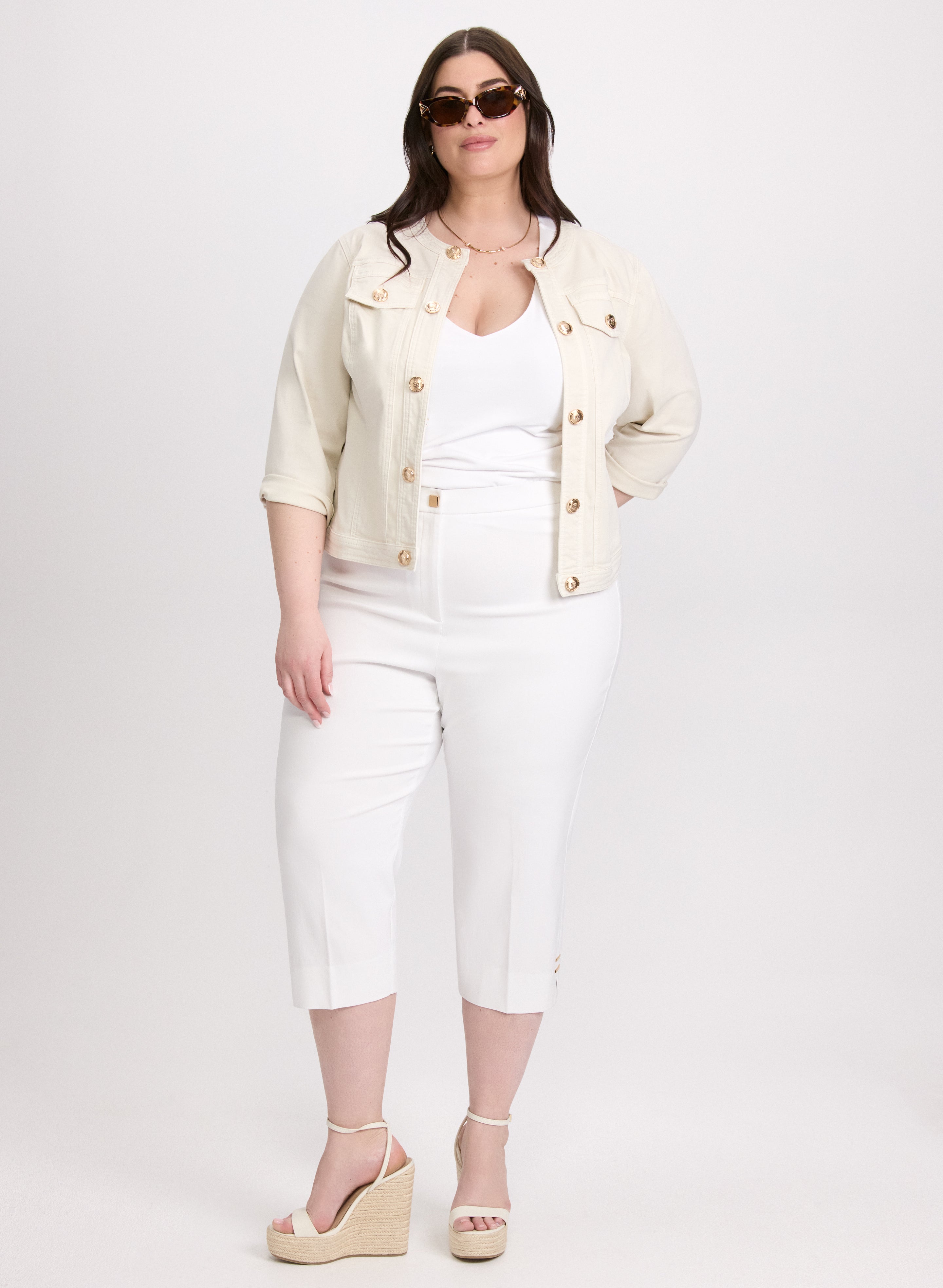 Stylish 3/4 Sleeve Denim Jacket & High Waist Bengaline Capris Set - Perfect for Casual Outings and Spring Fashion