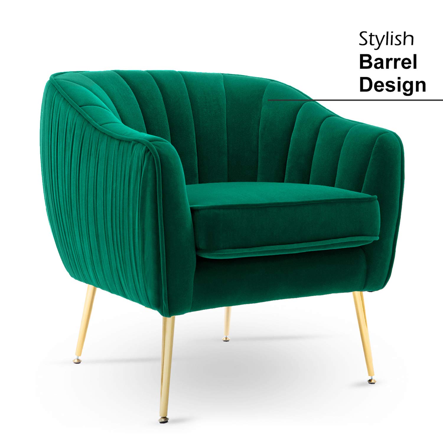 Luxury Velvet Accent Chair - Modern Barrel Armchair with Golden Finish in Christmas Green - Perfect for Living Room, Bedroom & Home Office Decor