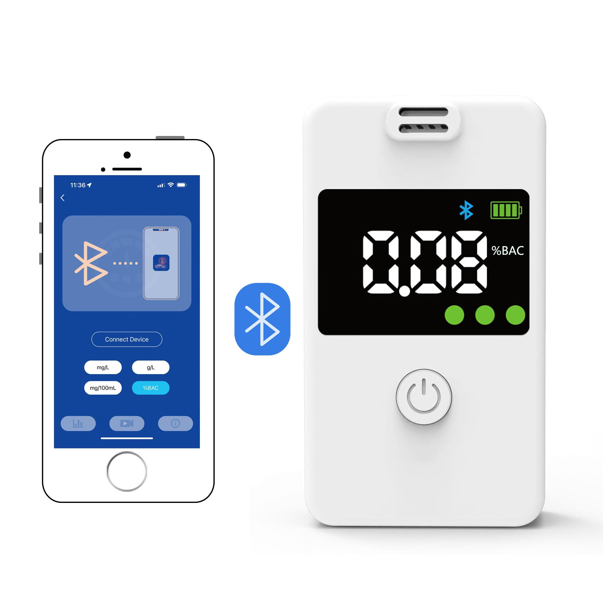 Professional Portable Alcohol Breathalyzer Tester with Bluetooth & Memory Function - High Accuracy Digital Breath Analyzer for Home, Party & Personal Use - White