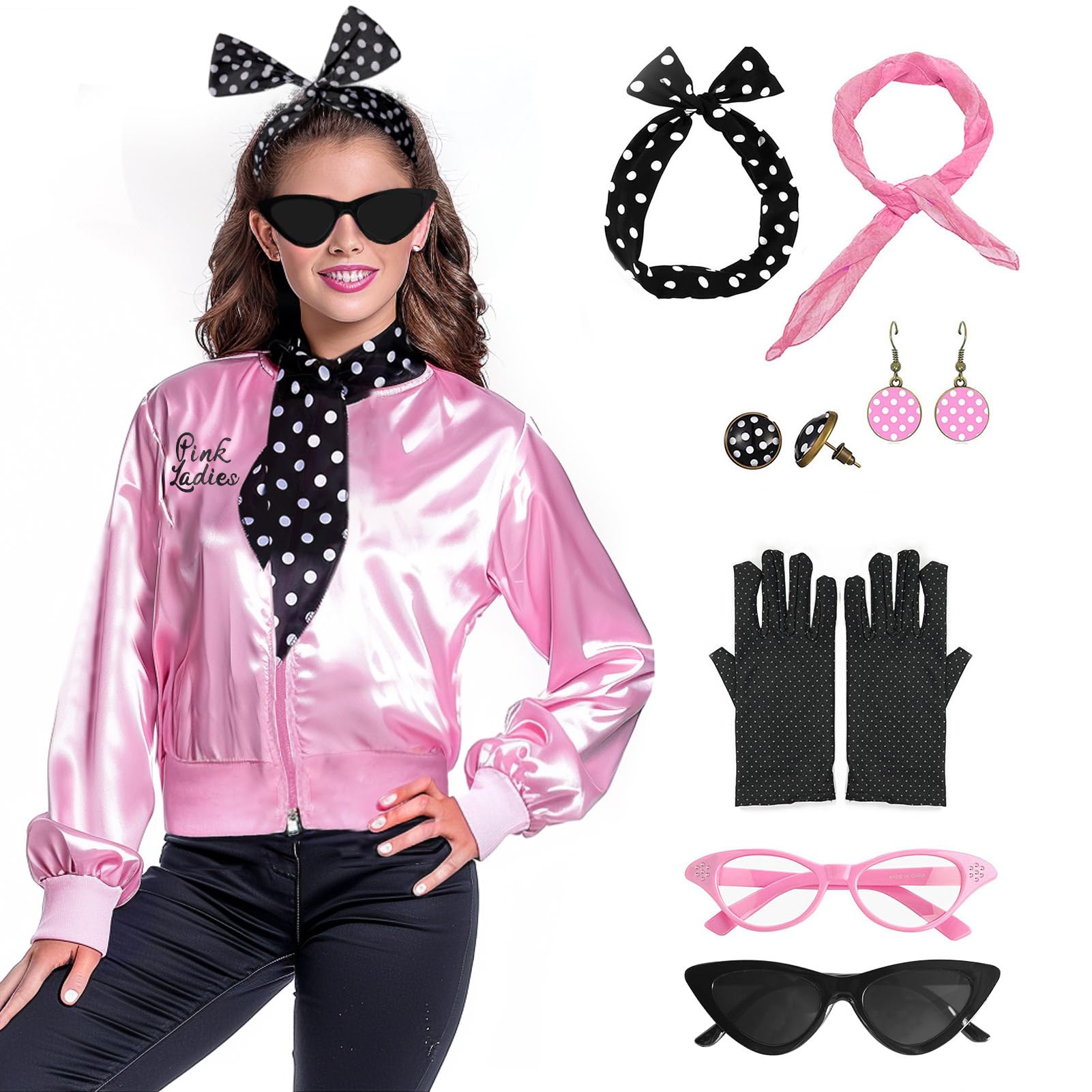 FAYBOX 1950s Pink Ladies Jacket - Vintage 50s Style Grease Costume for Women, Halloween Outfit & Party Accessories (Perfect for Halloween, Cosplay, Themed Parties & Retro Fashion)