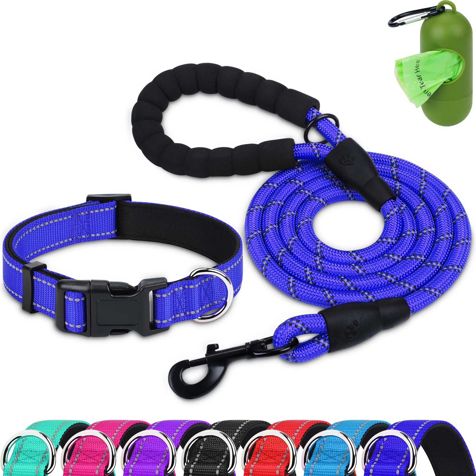 **Dynmeow Reflective Dog Collar and Leash Set - 6FT Strong Climbing Rope Leash with Padded Handle, Adjustable Pet Collar with Soft Neoprene Padding for Small Dogs & Puppies - Navy Blue (XS) - Perfect for Night Walks, Hiking & Outdoor Adventures**