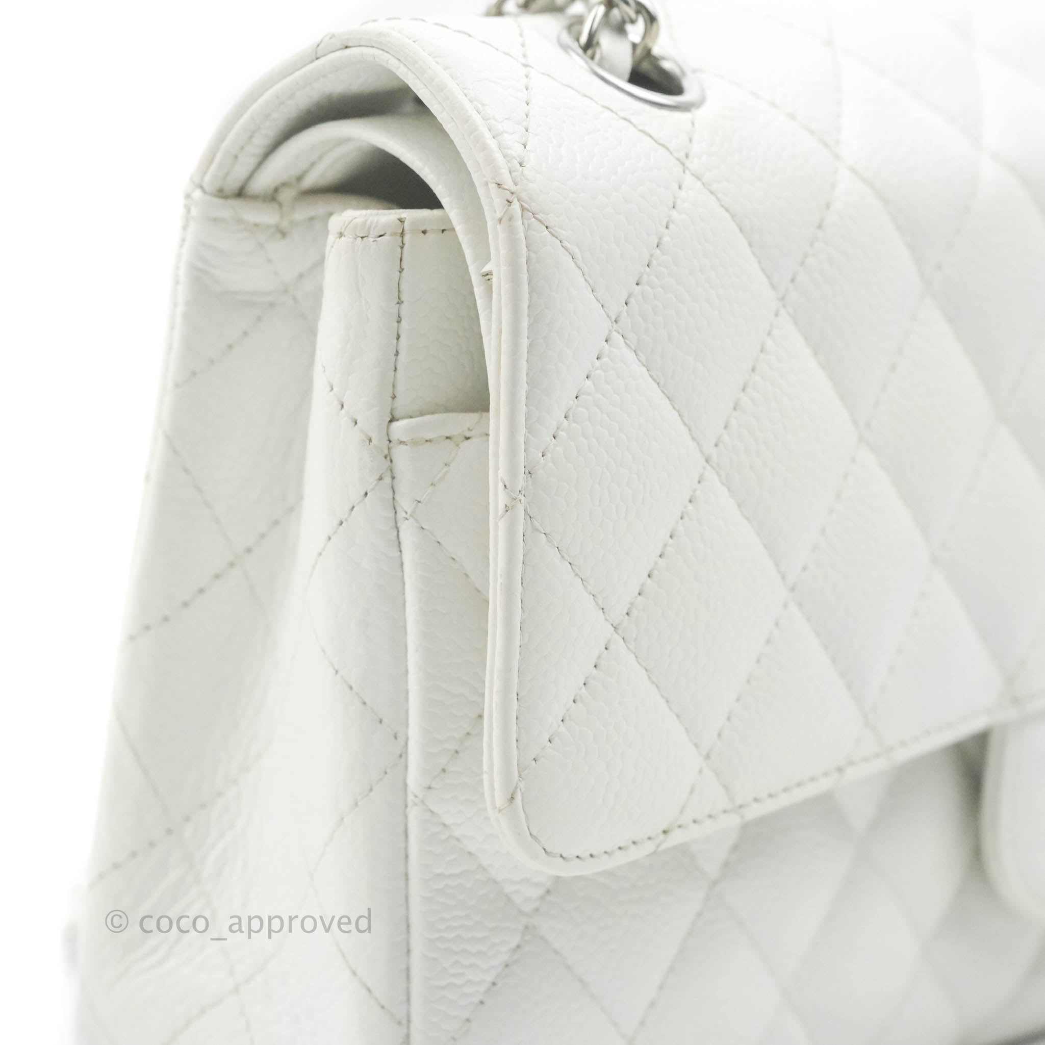 Chanel Classic M/L Medium Double Flap Bag in White Caviar Leather with Silver Hardware - Perfect for Luxury Fashion, Evening Events & Designer Handbag Collection