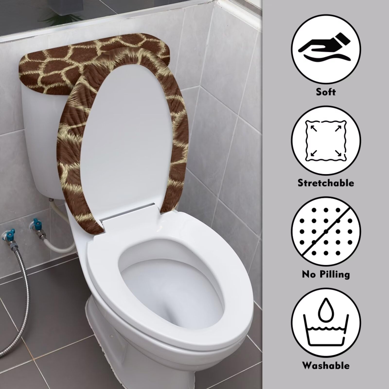 Elastic Anti-Slip Toilet Lid Cover & Tank Cover - Durable Bathroom Accessory Set, Fade & Pilling Resistant, Giraffe Print Design - Perfect for Home, Hotel, and Airbnb Decor