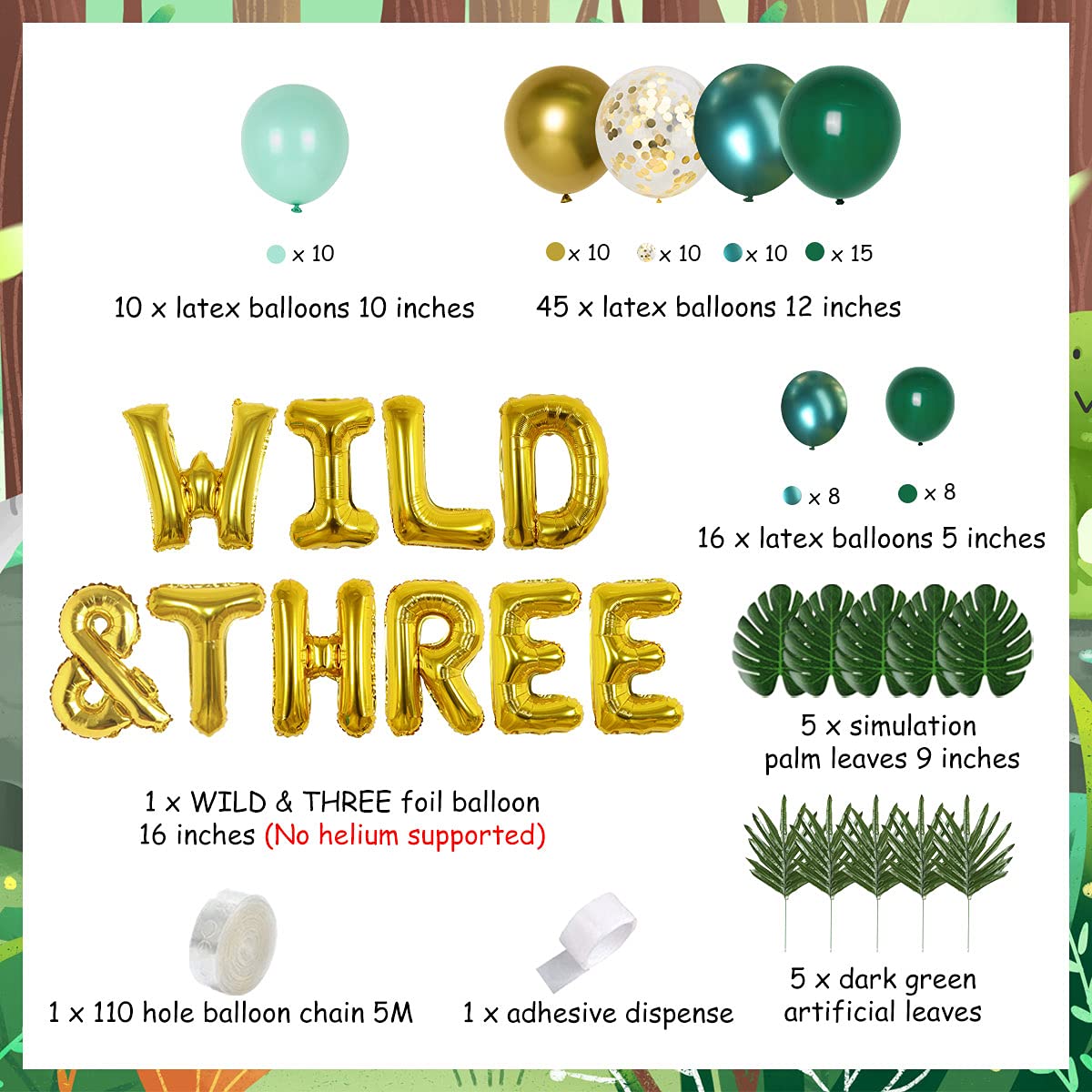 Jungle Safari 3rd Birthday Party Decorations for Boys - Wild Animal Theme Balloon Garland Arch Kit with Leaves | Perfect for 3 Year Old Birthday Party, Baby Shower & Jungle Themed Events