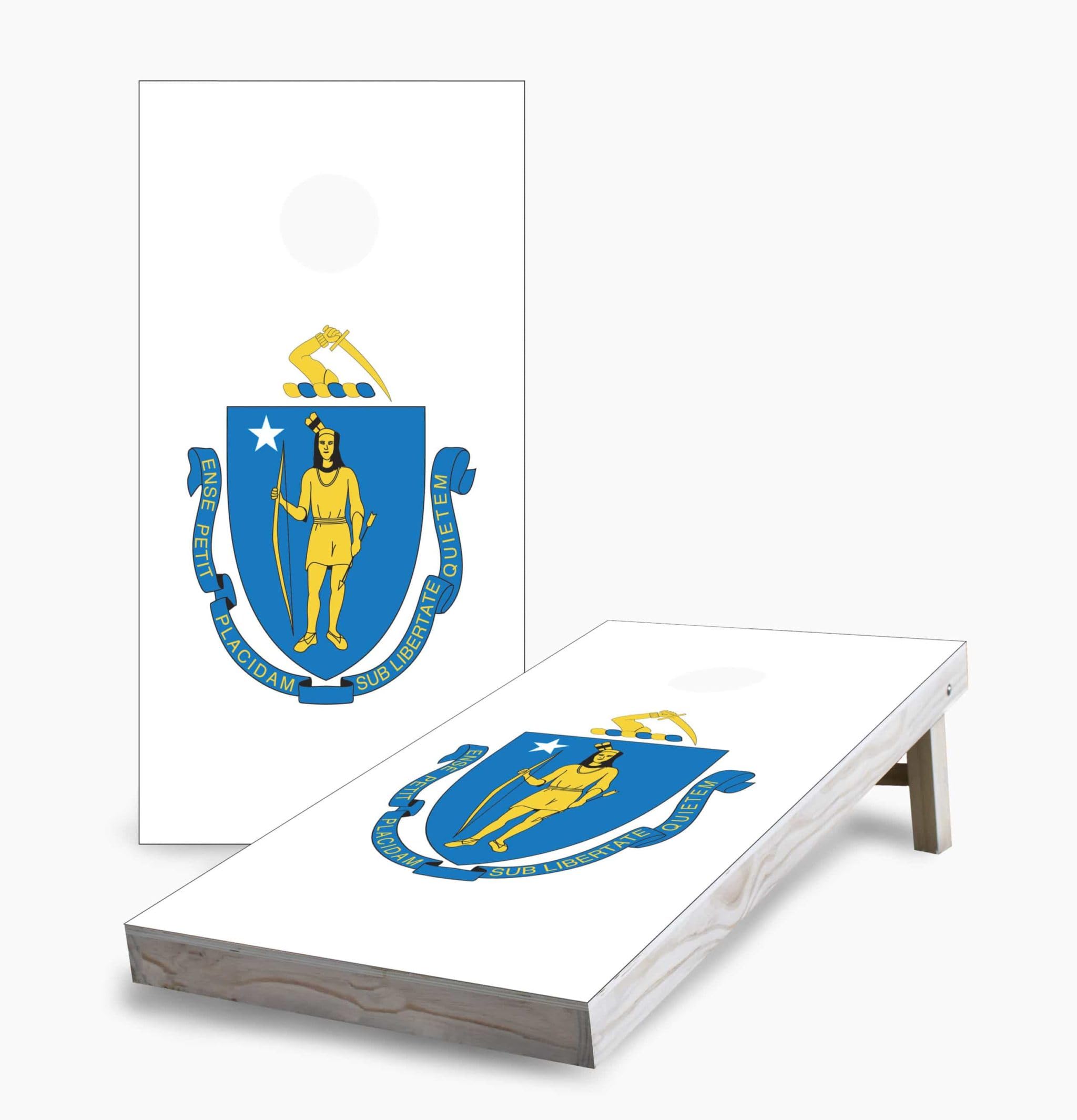 Massachusetts State Flag Cornhole Game Set with 2 Boards & 8 Bags - Outdoor Lawn Party Game for Backyard, Tailgating, and BBQs