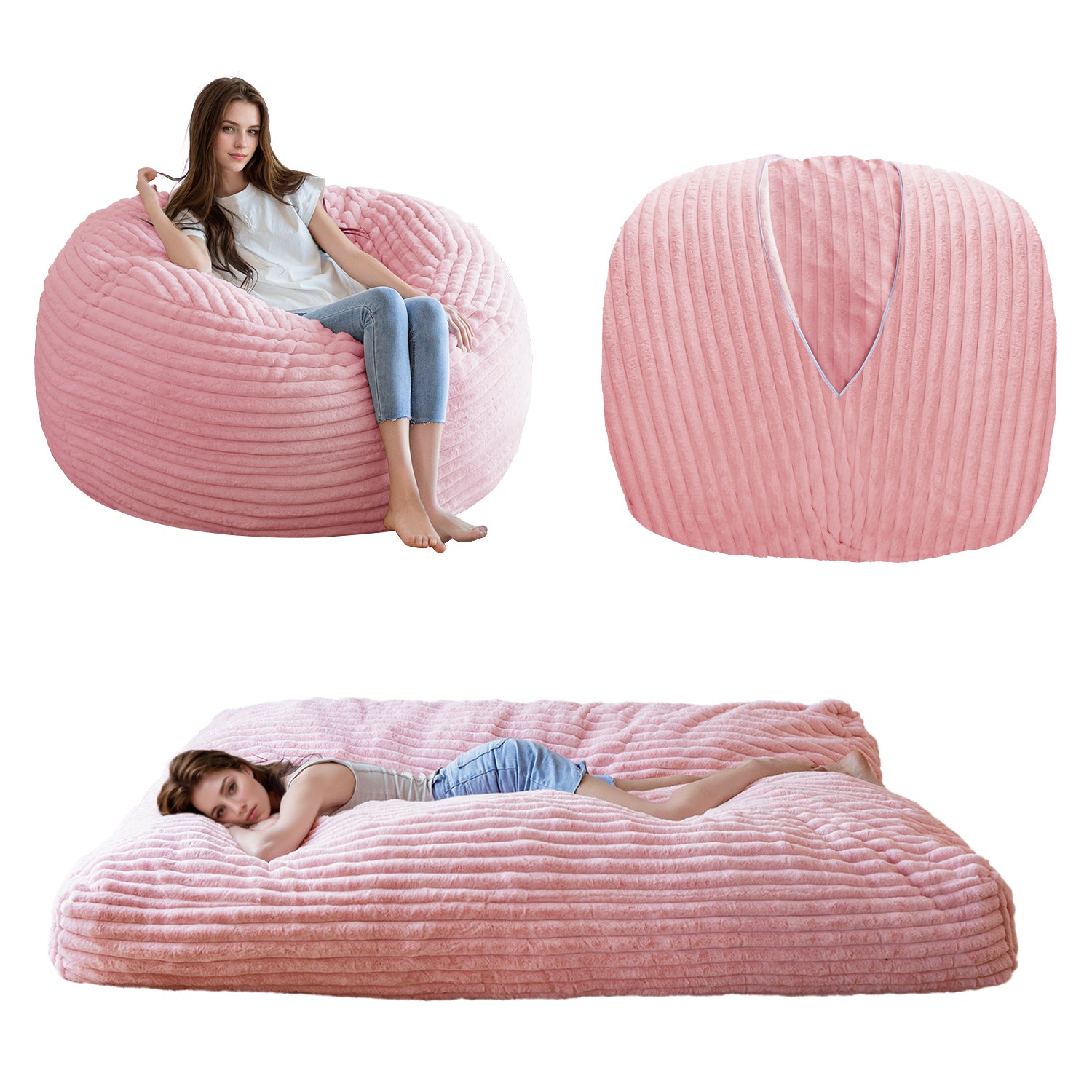 MAXYOYO Giant Bean Bag Chair Bed - Striped Faux Fur Convertible Beanbag in Pink | Oversized Lounger for Living Room, Bedroom & Game Room | Perfect for Relaxing, Reading & Movie Nights