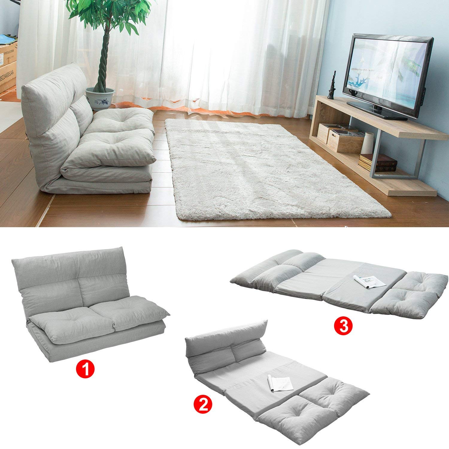 LZ LEISURE ZONE Adjustable Foldable Floor Sofa Bed - Convertible Gaming Sofa Mattress & Futon Couch with 2 Pillows for Living Room, Bedroom, Dorm or Game Room Relaxation