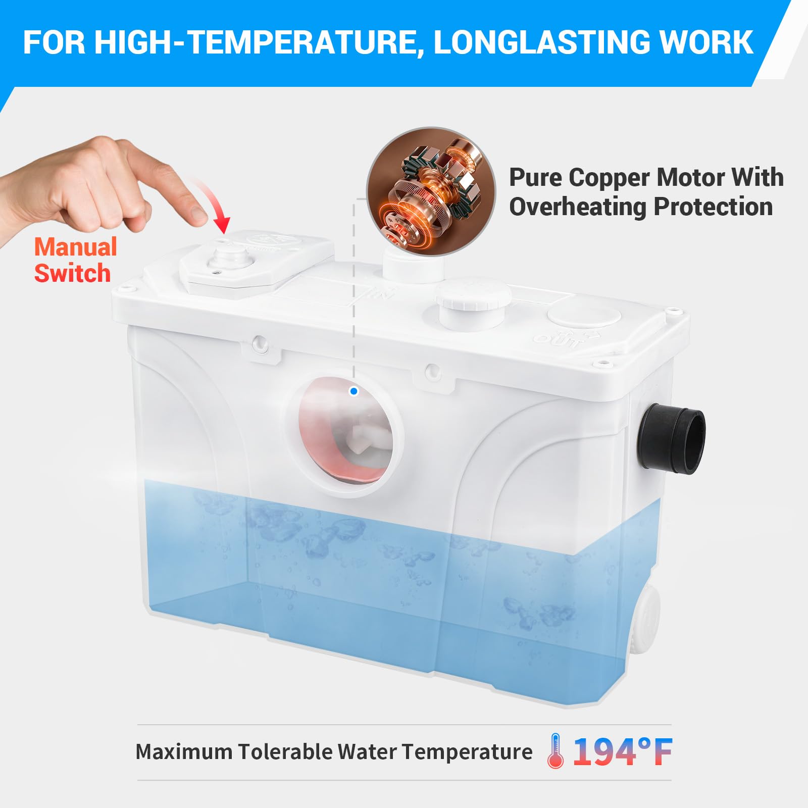 700W Macerator Pump - High Power Macerating Toilet System & Upflush Sink Pump for Basement - Efficient Waste Water Disposal for Kitchen, Bathroom, Shower, Bathtub & Laundry - Ideal for RV, Tiny Homes & Off-Grid Living