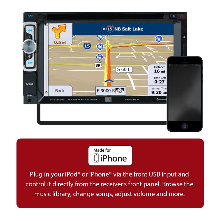Dual Electronics XNAV267BT 6.2-inch Double DIN Car Stereo with GPS Navigation, Bluetooth, USB iPhone Control, CD/DVD Player - Perfect for Road Trips & Hands-Free Driving