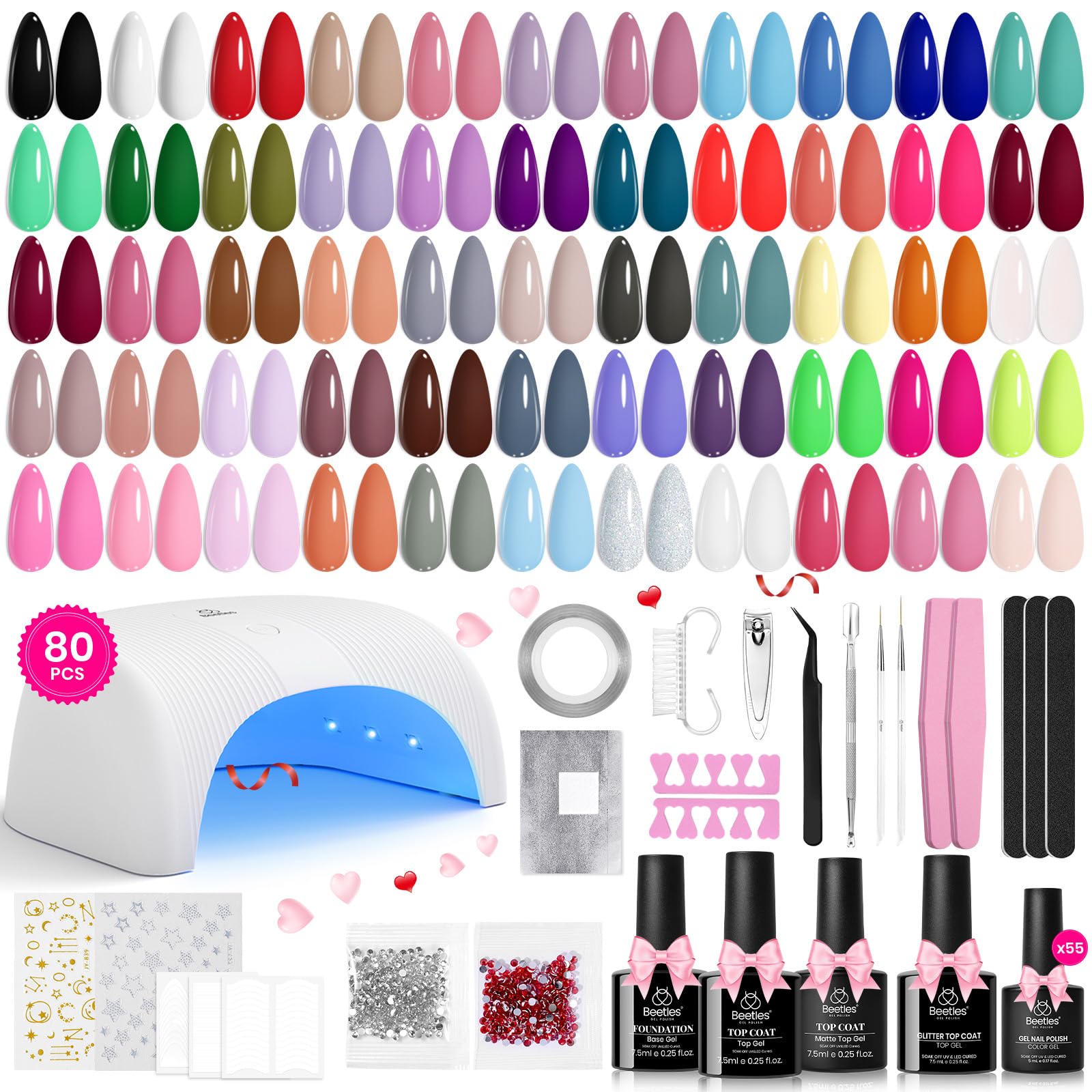 Beetles 80Pcs Gel Nail Polish Kit with UV Light - 55 Colors Gel Polish Starter Set with Base & Top Coat, Nail Art Stickers & Manicure Tools - Perfect Gift for Women | DIY Home Manicure & Salon Quality Nails