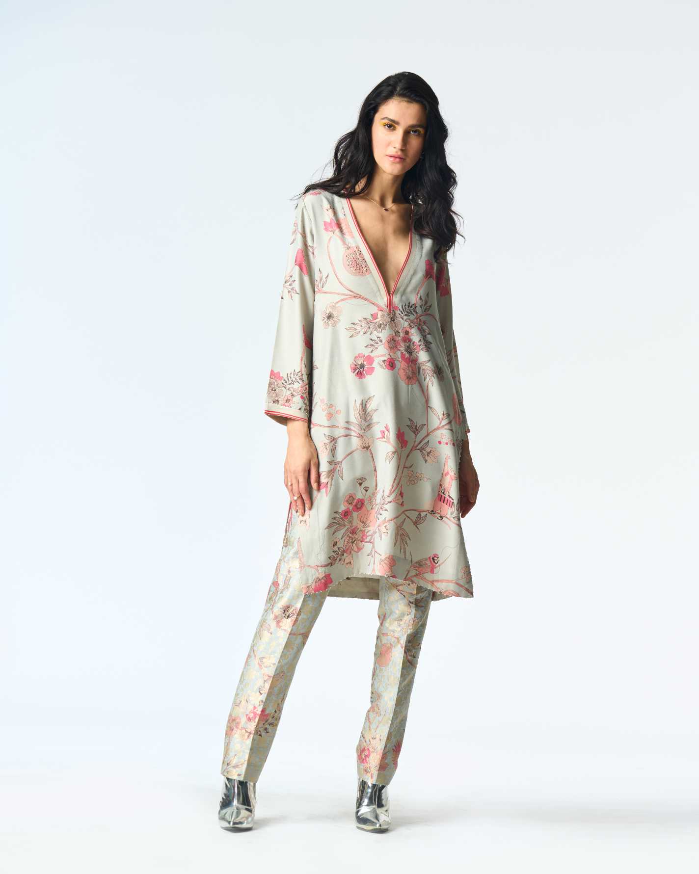 Elegant V Neck Kurta for Women - Premium Muga Satin Fabric in Ice Blue - Perfect for Festivals, Weddings & Special Occasions