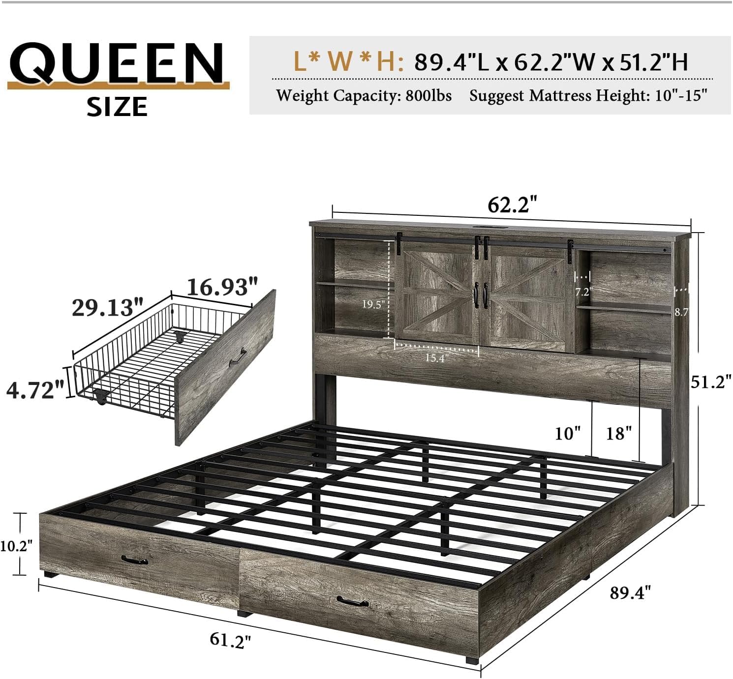 AMERLIFE Farmhouse Queen Bedroom Set - Wood Platform Bed with 51.2