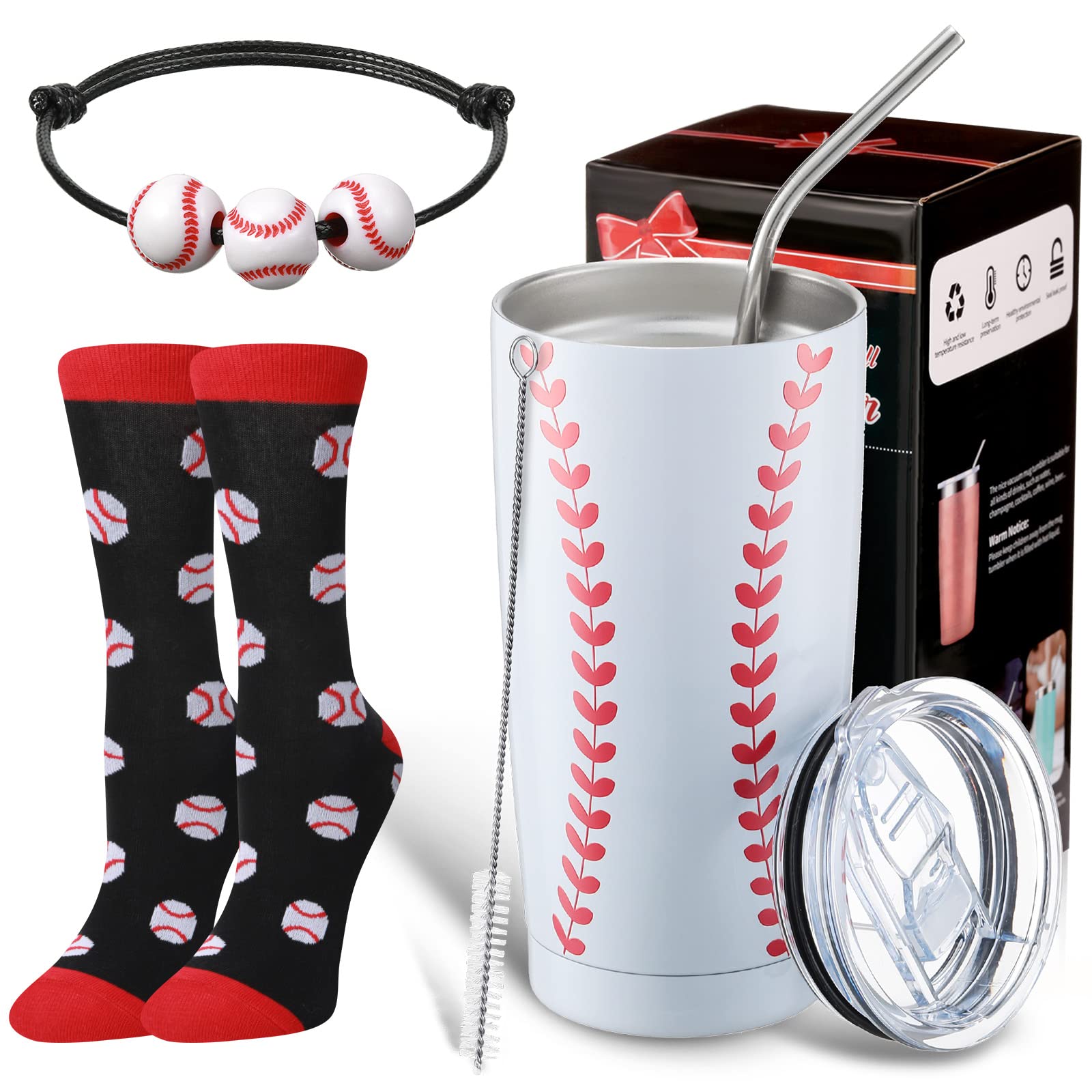 3-Piece Christmas Gift Set for Sports Fans - 20oz Stainless Steel Tumbler with Lid, Funny Baseball Socks & Sports Bracelet - Perfect for Coaches, Men & Teens (Baseball Theme) - Great for Game Days, Training & Holiday Gifting