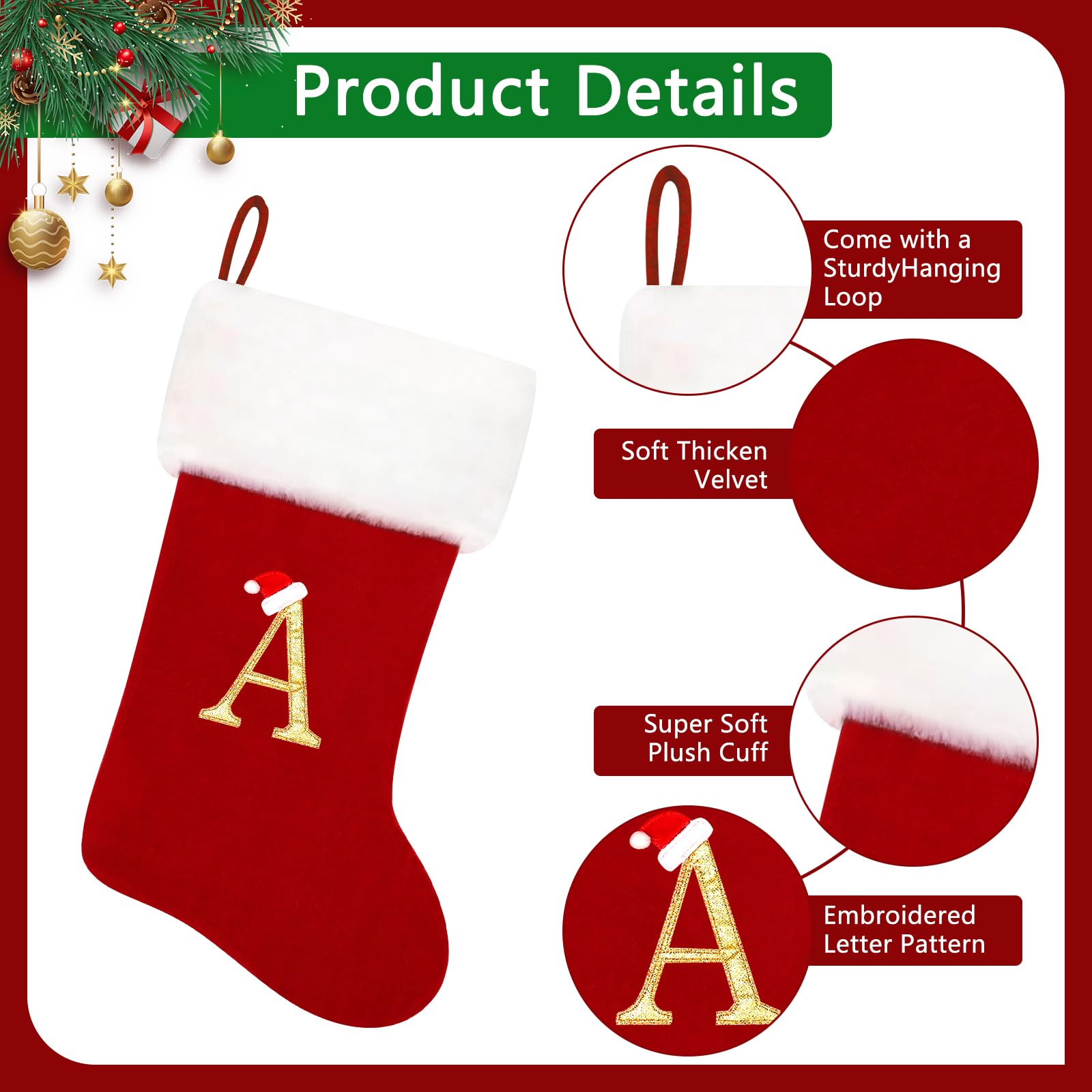 20 Inch Red Velvet Christmas Stockings with White Plush Cuff - Personalized Embroidered Monogram Holiday Stockings for Family, Fireplace & Tree Decor - Soft Xmas Gift Stocking for Kids Adults (Set of S) | Perfect for Holiday Home Decor & Christmas Gift Giving