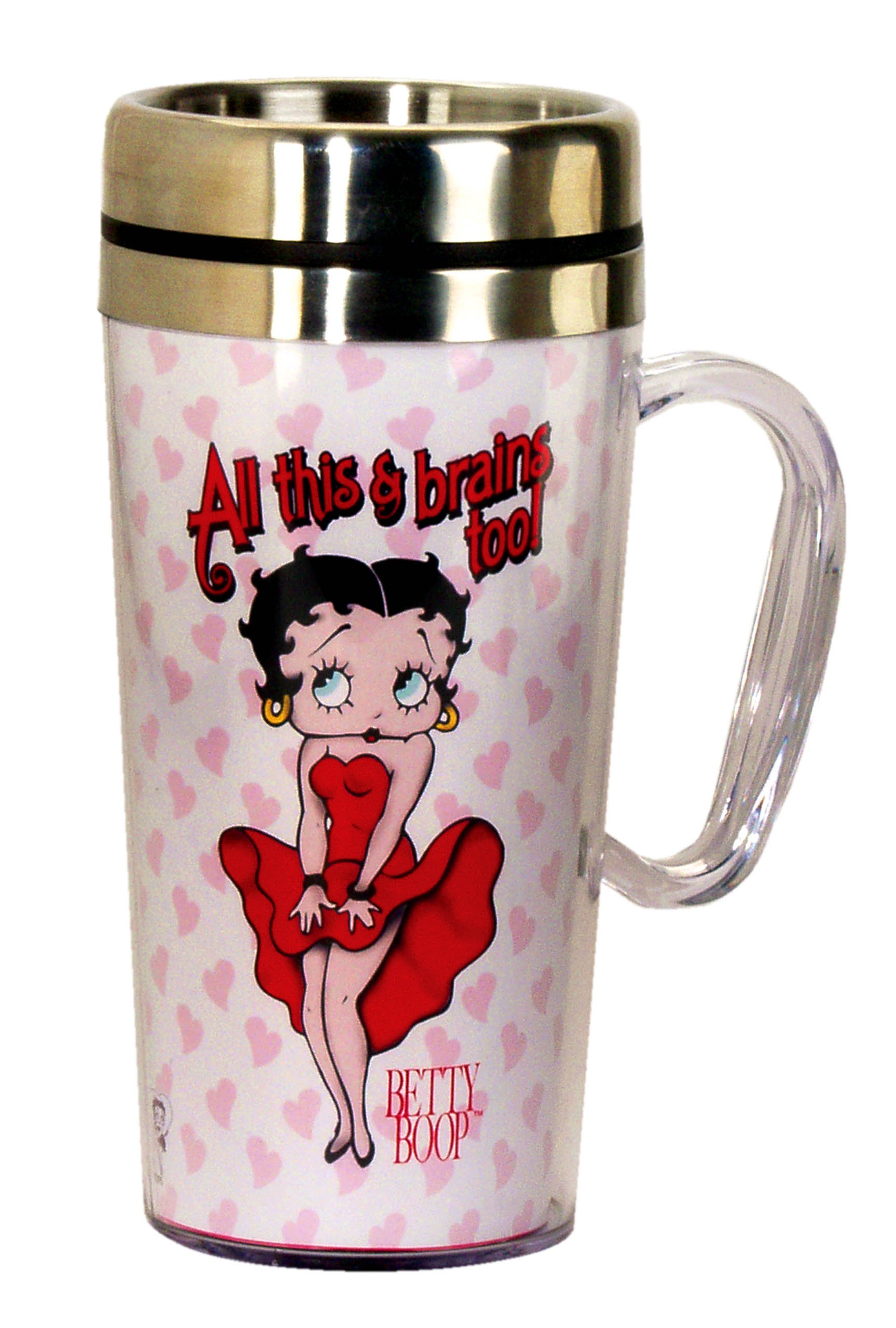 Betty Boop Brains Insulated Travel Coffee Mug - 15 oz White Funny Novelty Cup - Perfect Gift for Coffee Lovers - Great for Office, Commuting & Road Trips
