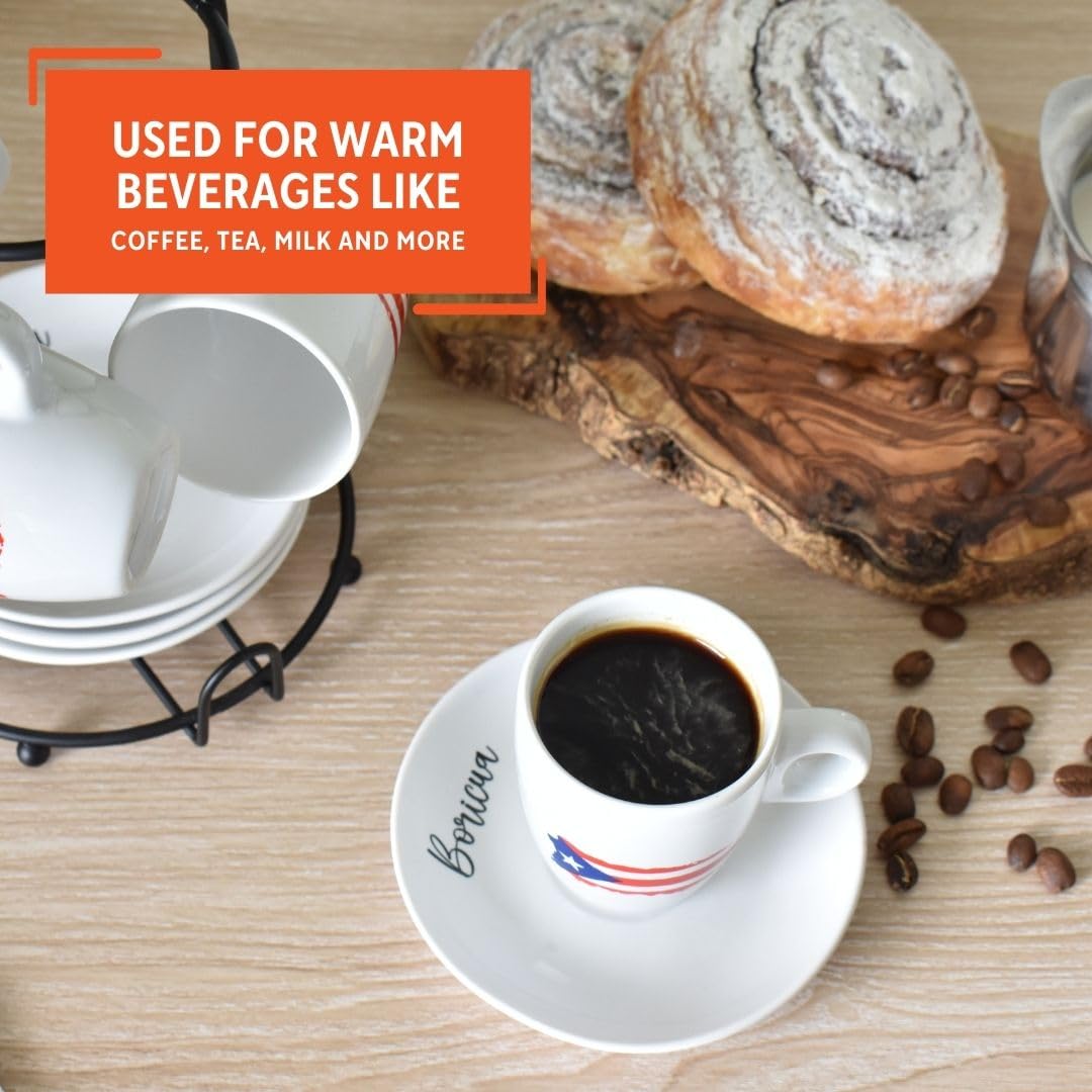 IMUSA 8-Piece 3oz Boricua Espresso Cups and Saucers Set with Wooden Rack - Perfect for Serving Cuban Coffee, Italian Espresso, or Turkish Tea at Home Cafes and Restaurants