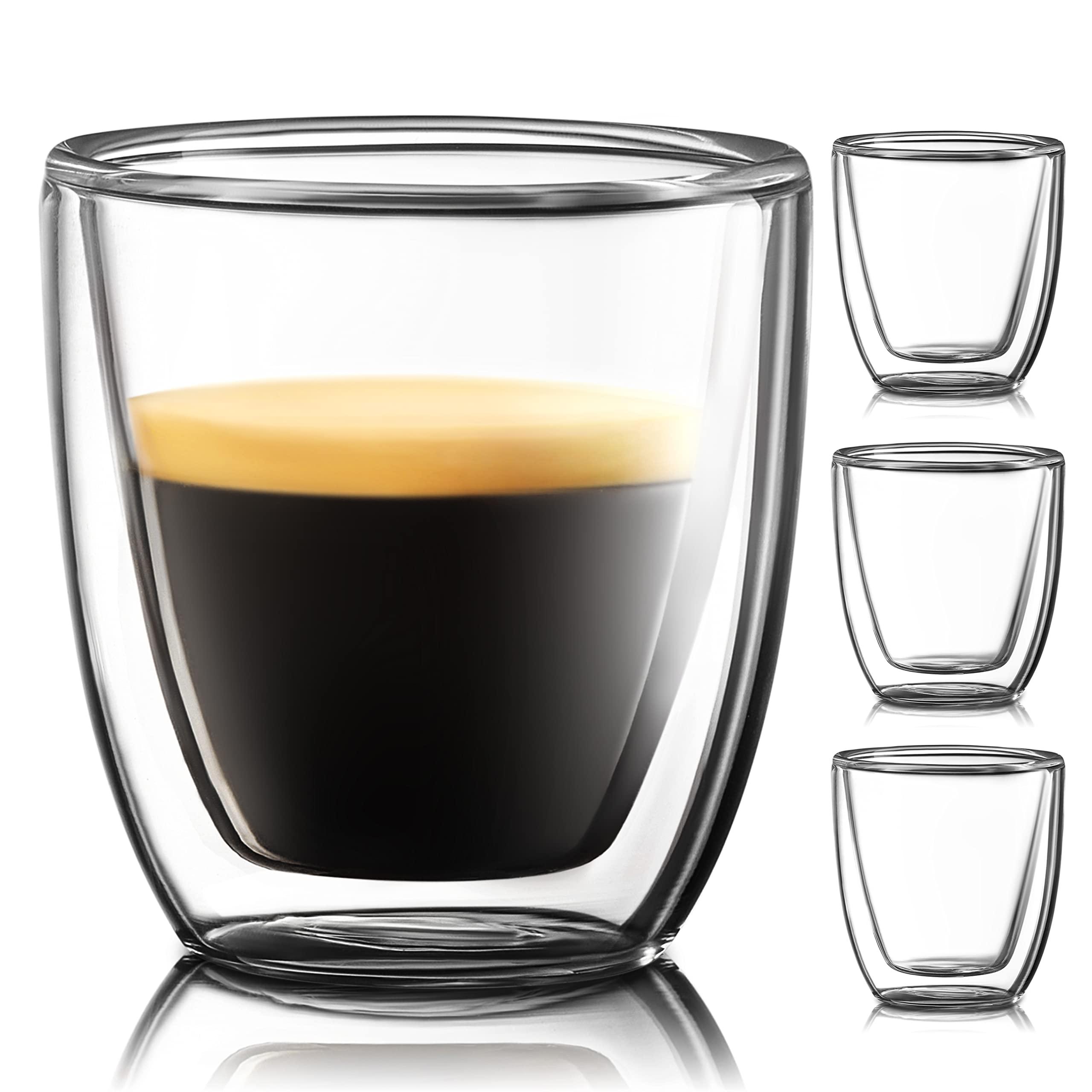 Double Wall Espresso Cups Set of 4 - 2.7oz Italian Style Clear Glass Doppio Coffee Cups - Heat Resistant Espresso Accessories for Home, Cafe & Restaurant Use