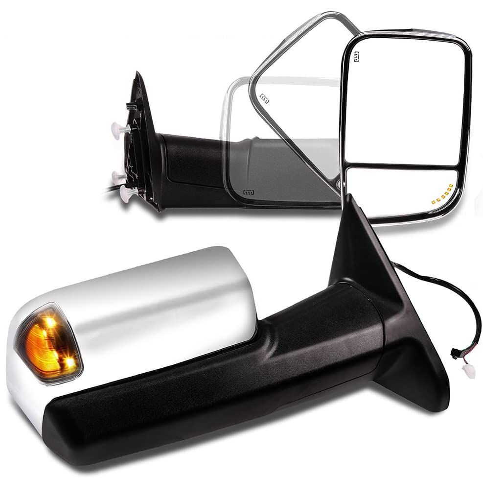 2010-2018 Dodge Ram 1500/2500/3500 Power Adjustable Heated Towing Mirrors with LED Turn Signal & Puddle Light - Chrome Side View Mirrors for Enhanced Visibility and Safety While Towing or Parking