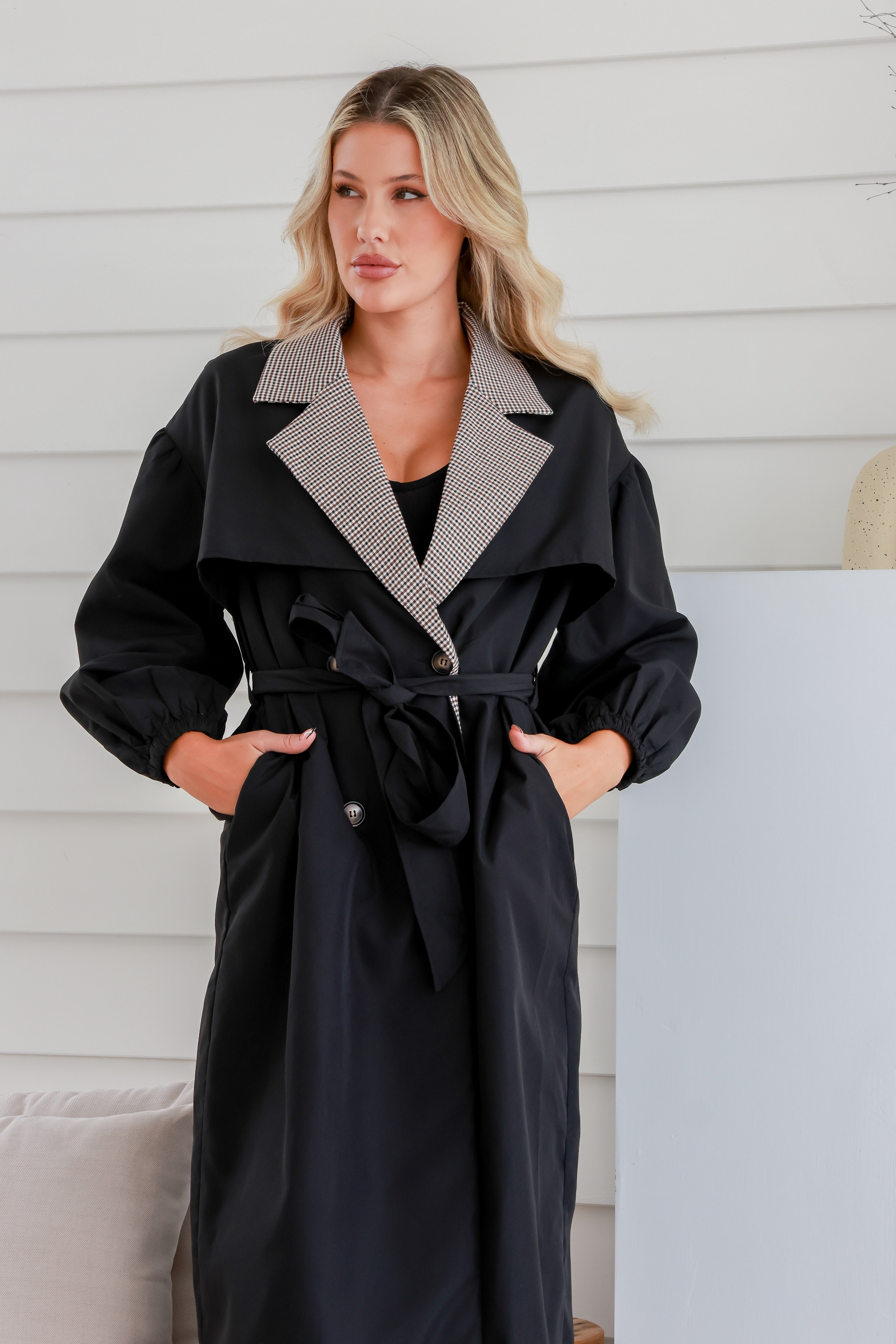 Dreamhouse Gingham Trim Trench Coat for Women - Classic Black Trench Coat with Stylish Gingham Detailing | Perfect for Office Wear, Date Nights & Fall Fashion