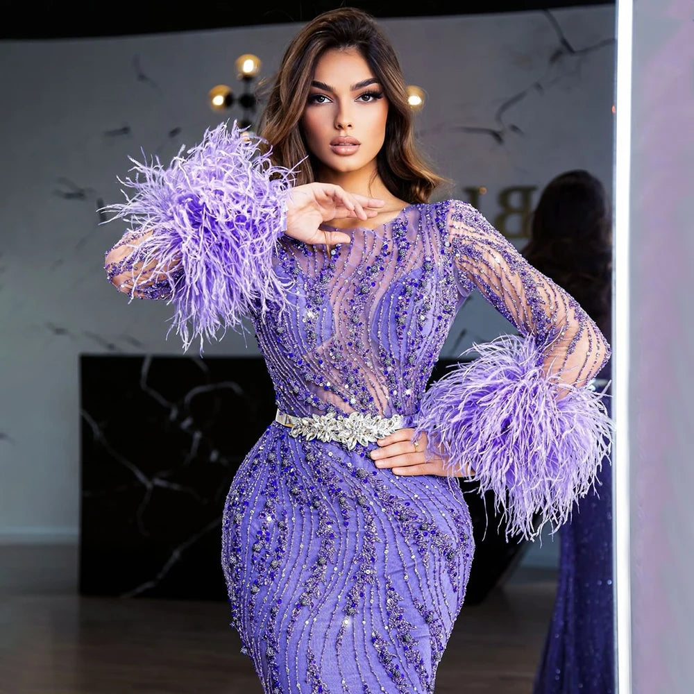 Elegant Mermaid Evening Dress with Beaded Feathers - Arabic Purple Luxury Gown for Women's Wedding, Prom, Gala & Special Occasions | LA72367