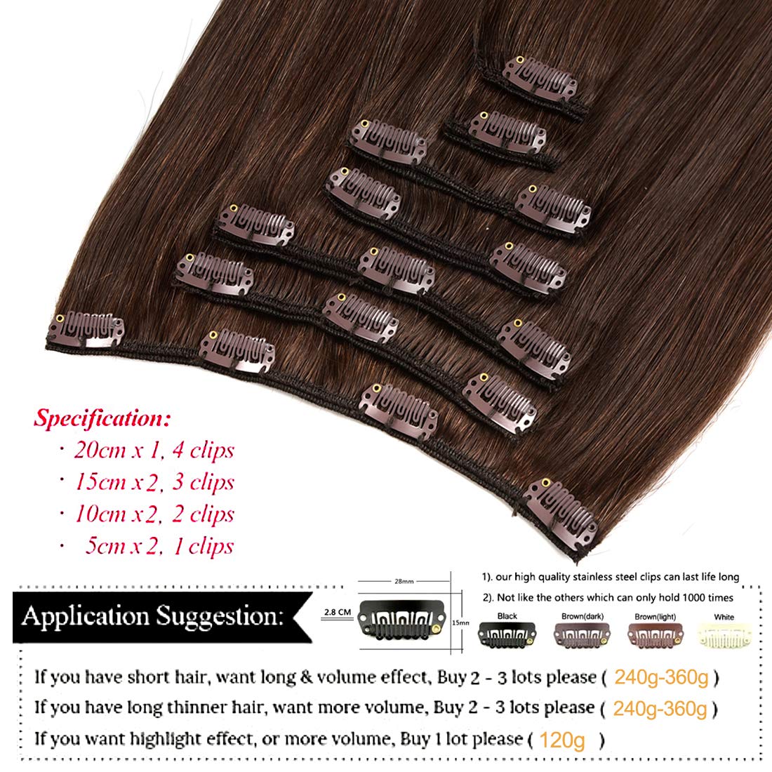 Clip in Hair Extensions 18 Inch Real Human Hair - 7pcs Dark Brown #2 Remy Hair Weft (120g) for Thickening & Lengthening - Perfect for Weddings, Parties & Daily Styling