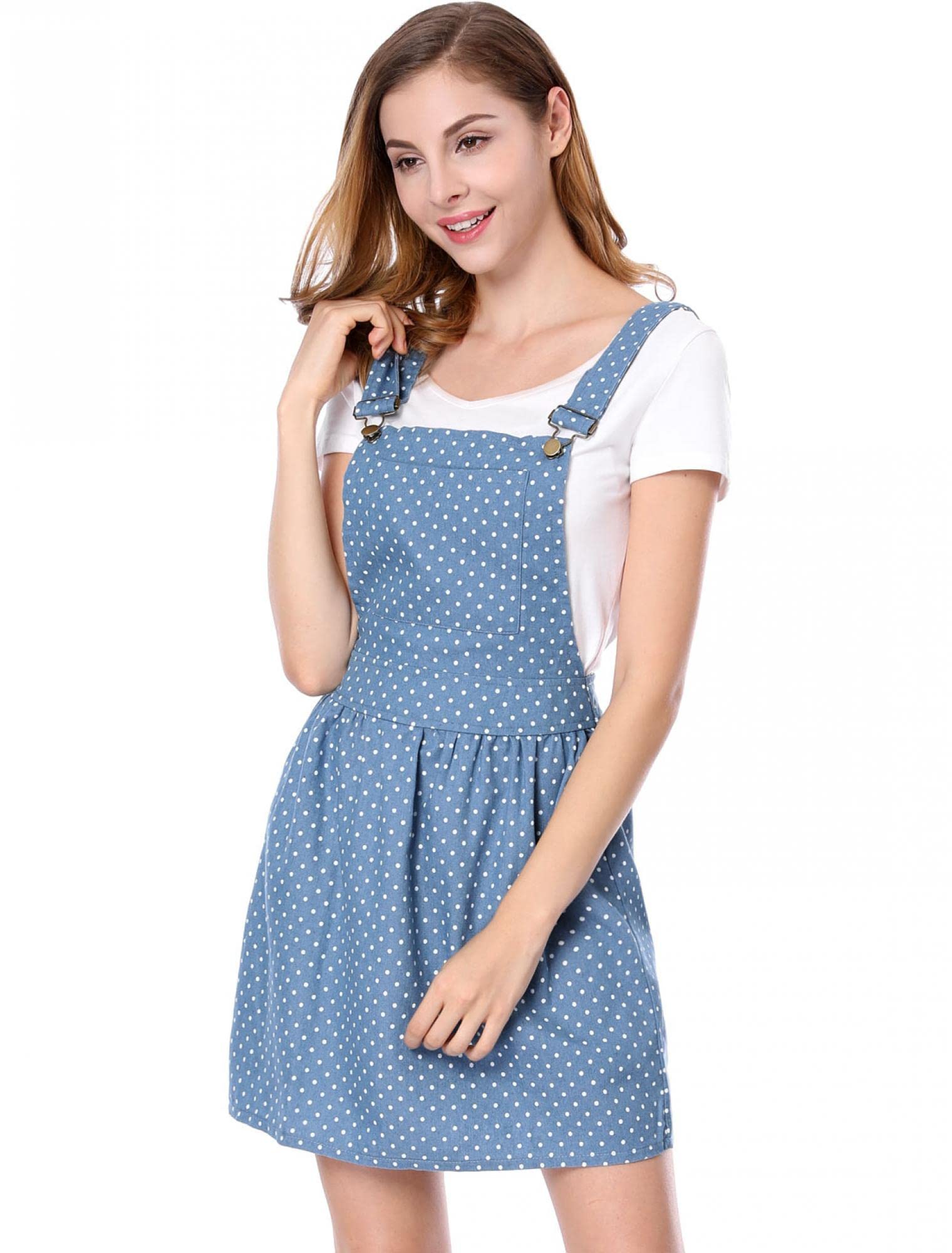 Allegra K Women's Printed Chambray Pinafore Dress with Adjustable Straps - Casual Mini Overalls for Spring Summer Outfits, Date Night & Music Festivals