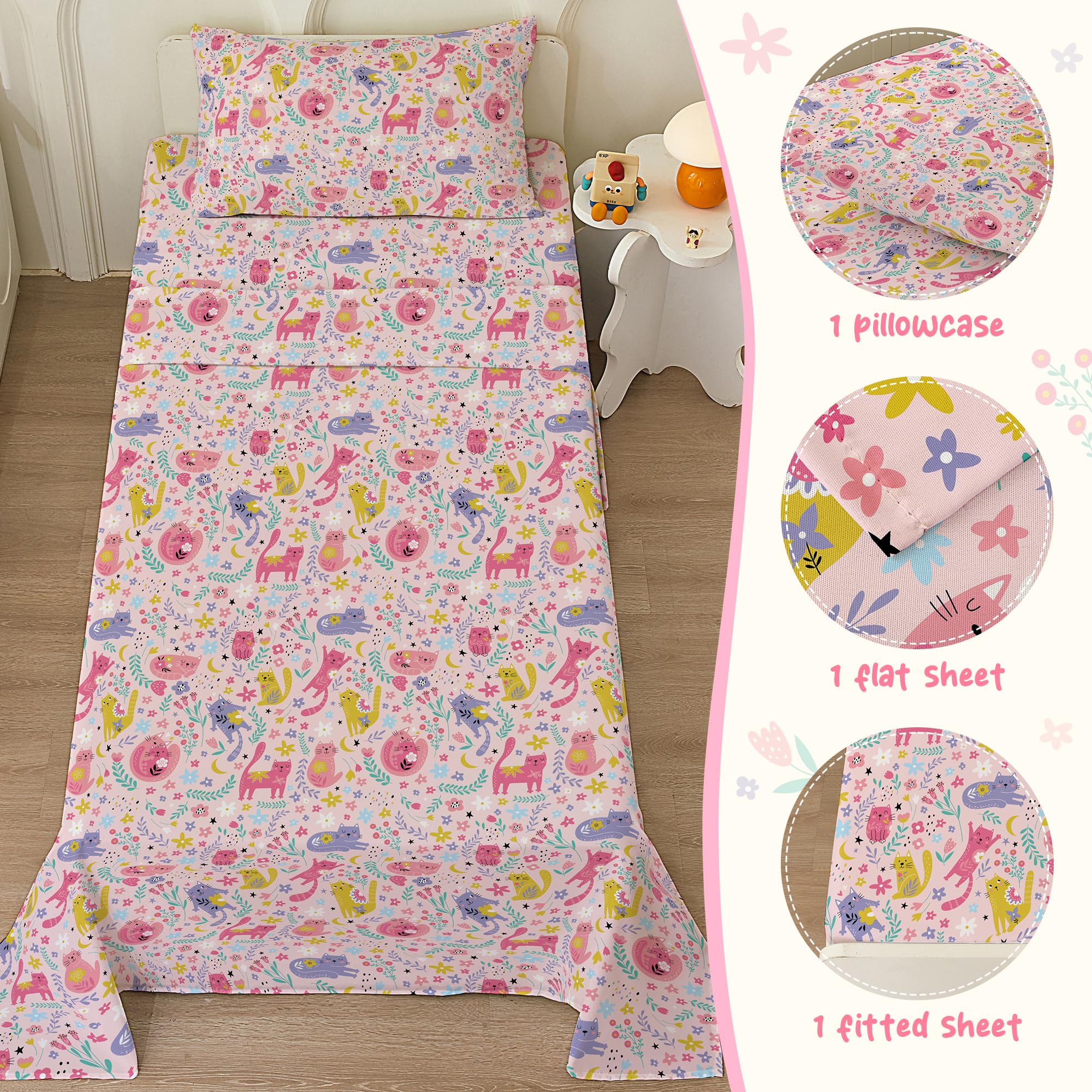 Cute Pink Cat Twin Sheets for Girls - Soft Microfiber Bedding Set with Pillowcases & Corner Straps - Perfect for Kids' Room Decor and Cozy Sleep