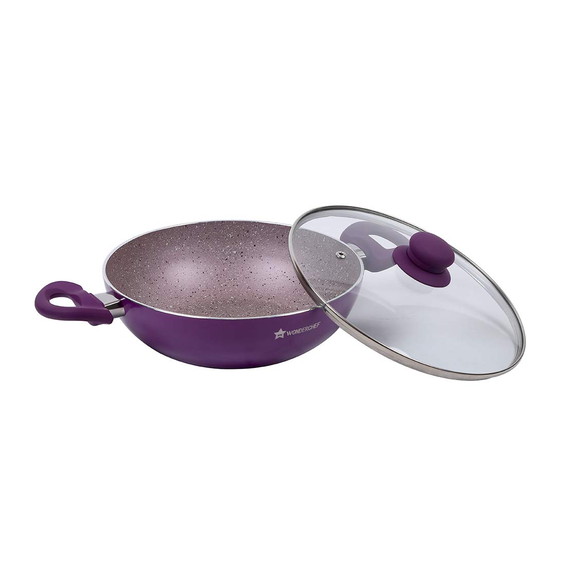 Wonderchef Royal Velvet Non-Stick Stir Fry Wok - 26cm PFOA-Free & Nickel-Free Aluminum Cookware with Glass Lid (Violet) - Perfect for Indian, Chinese & Asian Cuisine - Ideal for Sauteing, Frying & Stir-Frying at Home