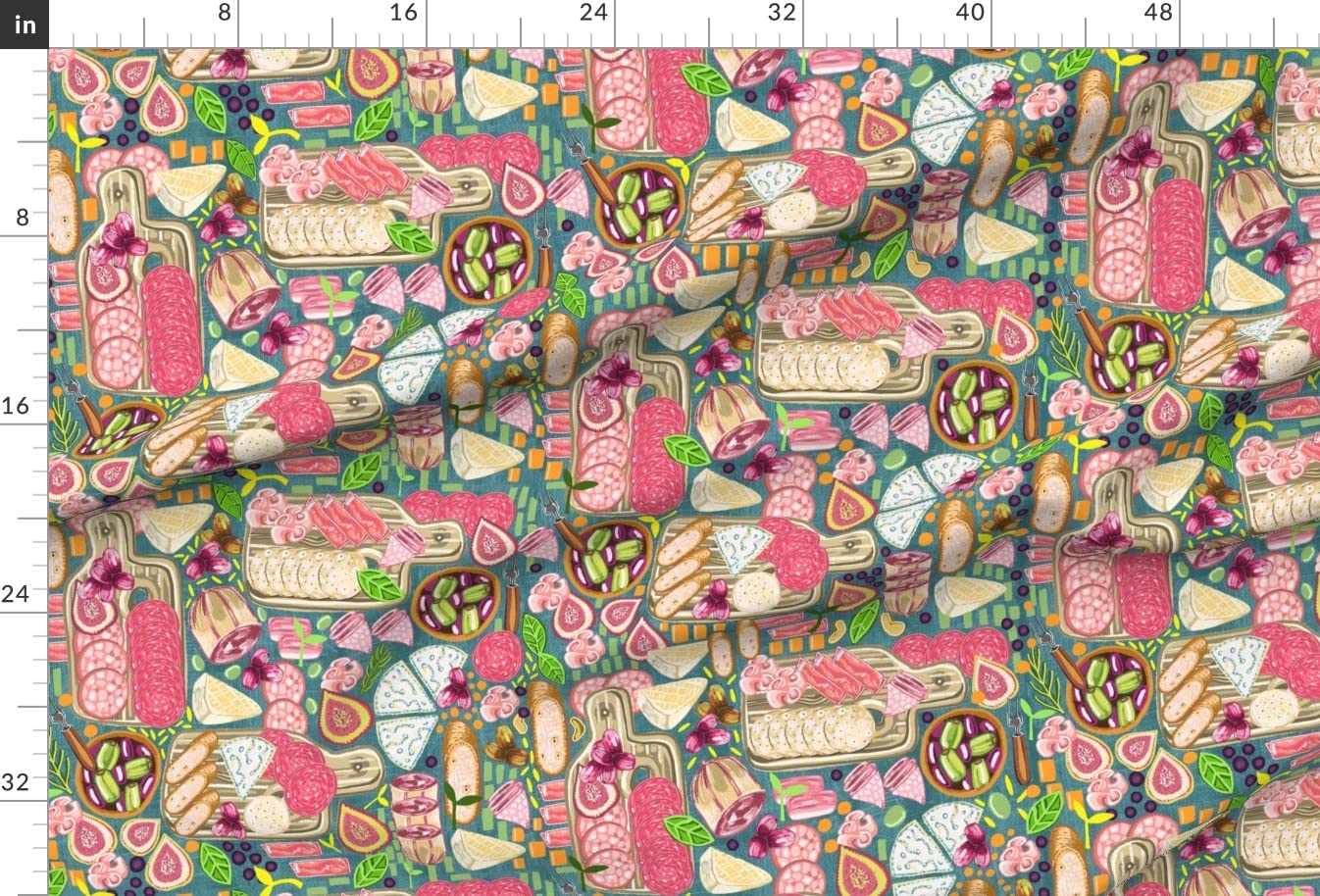 Antipasto Charcuterie Board Printed Satin Fabric by The Yard - Premium Spoonflower Material for Sewing, Apparel, Fashion, Blankets & Home Decor - Perfect for DIY Projects, Table Runners, and Kitchen Decorations